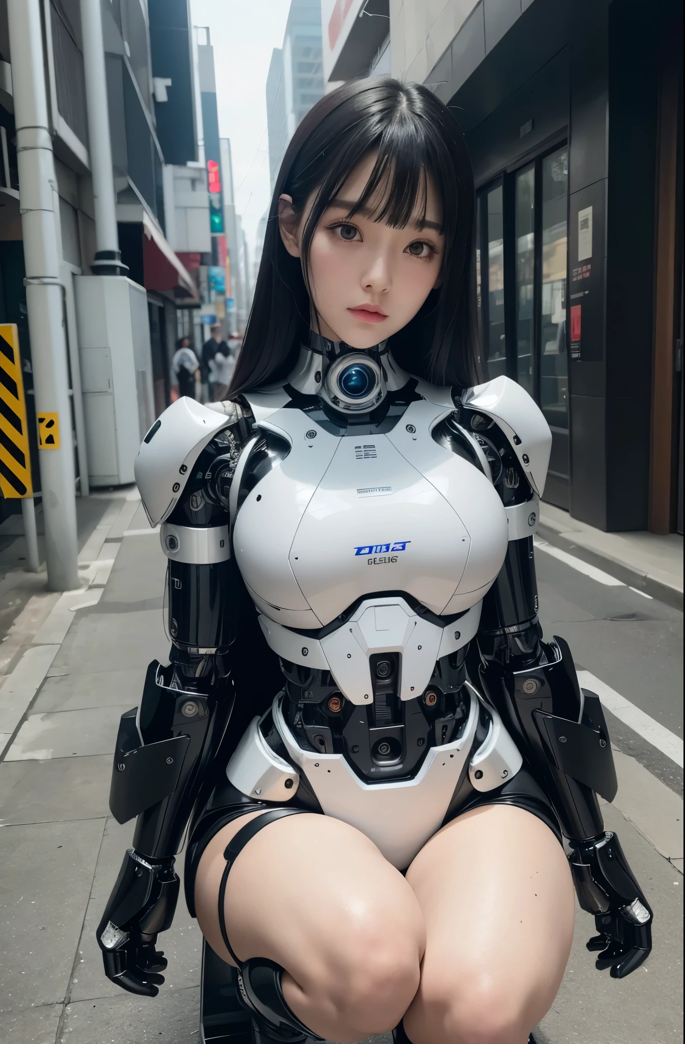 masterpiece, best quality, extremely detailed, (8K, 4K, Best Quality, hight resolution, 超A high resolution:1.1), (masutepiece, Realistic, Photorealsitic:1.1)Japanese android woman,Plump , announcer,control panels,activate,Squat,android,droid,Mechanical Hand,Robot arms and legs, Black Robot Parts,black hair,darkblack knee high socks,black sponge joints,blunt bangs,white robot body,ceramic body,jockey boots,perfect cyborg girl,