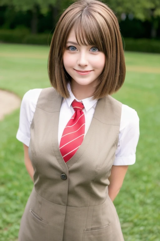 masterpiece, best quality, 1girl, solo, looking at viewer, smile, brown eyes, brown hair, short hair office clothes, ahoge, outdoors, upper body, necktie, drill hair, grass, twin drills, anime, city