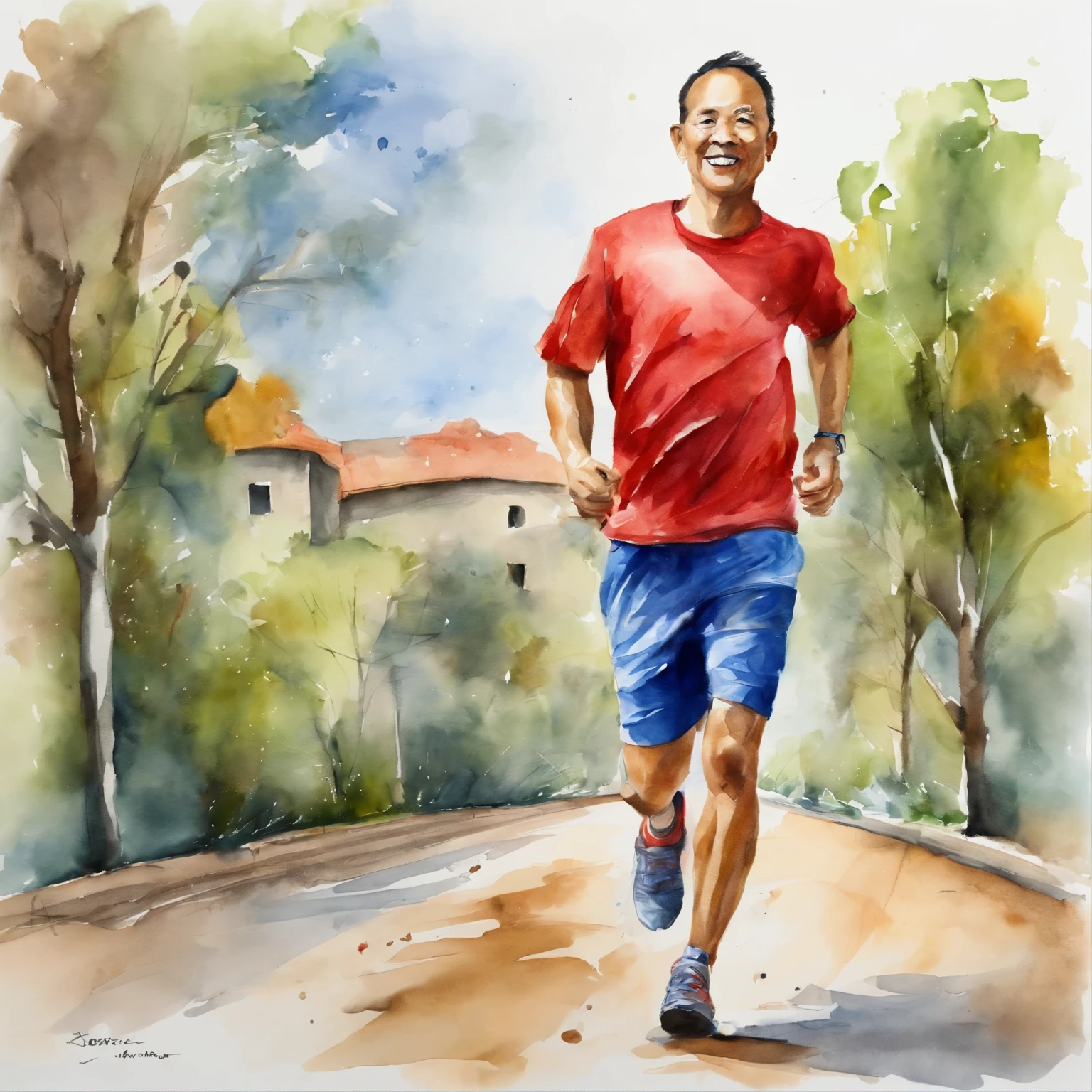 1man, socks, sneakers, red shorts, blue shirt, geometric multidimensional, art, beautiful, colorful, masterpieces, top quality, best quality, official art, beautiful and aesthetic, running, running track, track and field, bloom, track, race, asian, full body.