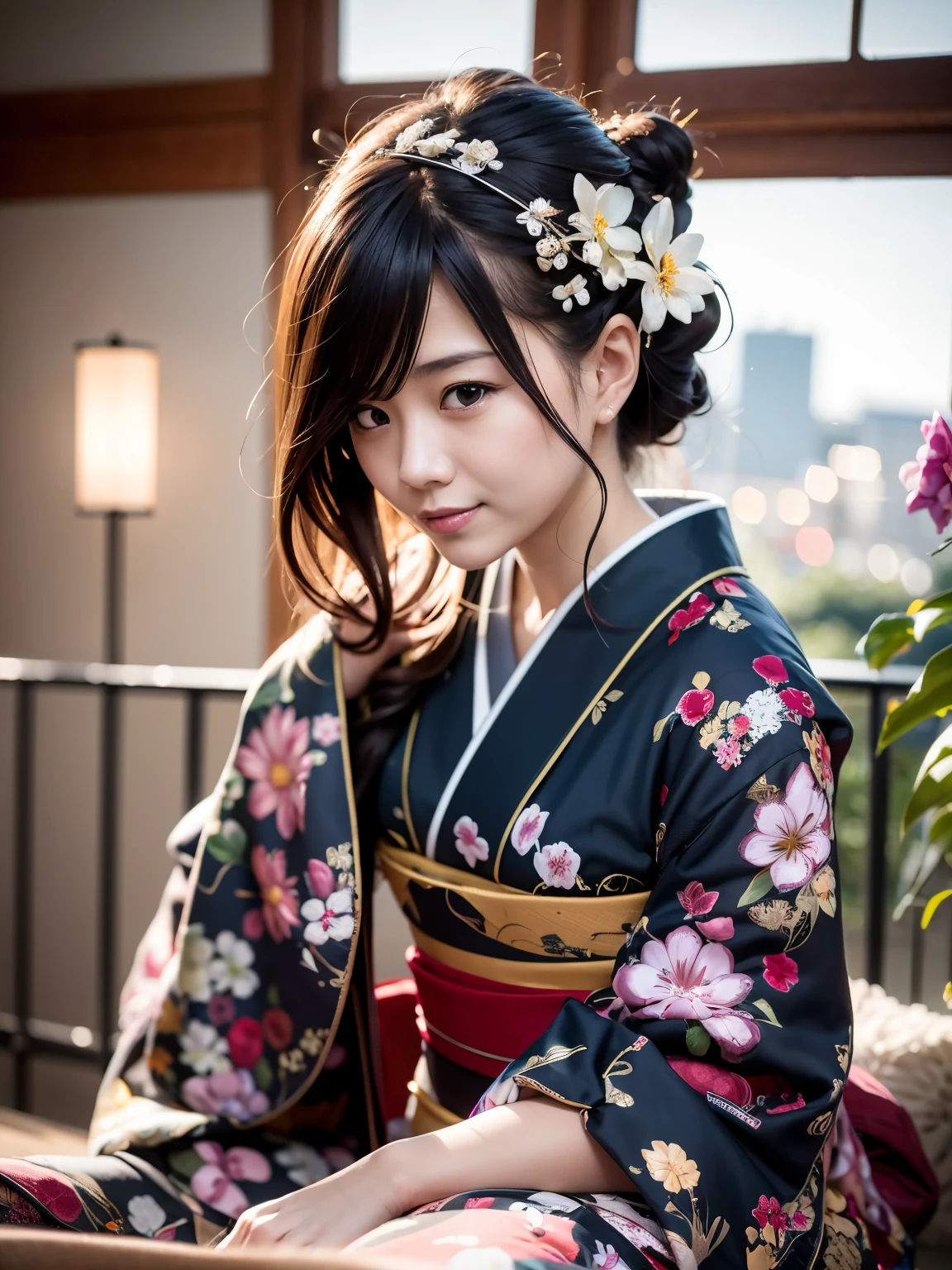 Masterpiece, RAW photo，photorealism，high resolution，best quality，high definition, perfect composition, perfect face, perfect body, 32K,cinematic lighting，realistic, alone, See here，beautiful japanese woman, Traditional kimono, Natural appearance, smile, Impressive gaze, Traditional hairstyle, Japanese-style room at dusk, Sitting by the window, Illuminated by city lights, (attractive pose), professional photographer, shallow depth of field, with backlight,