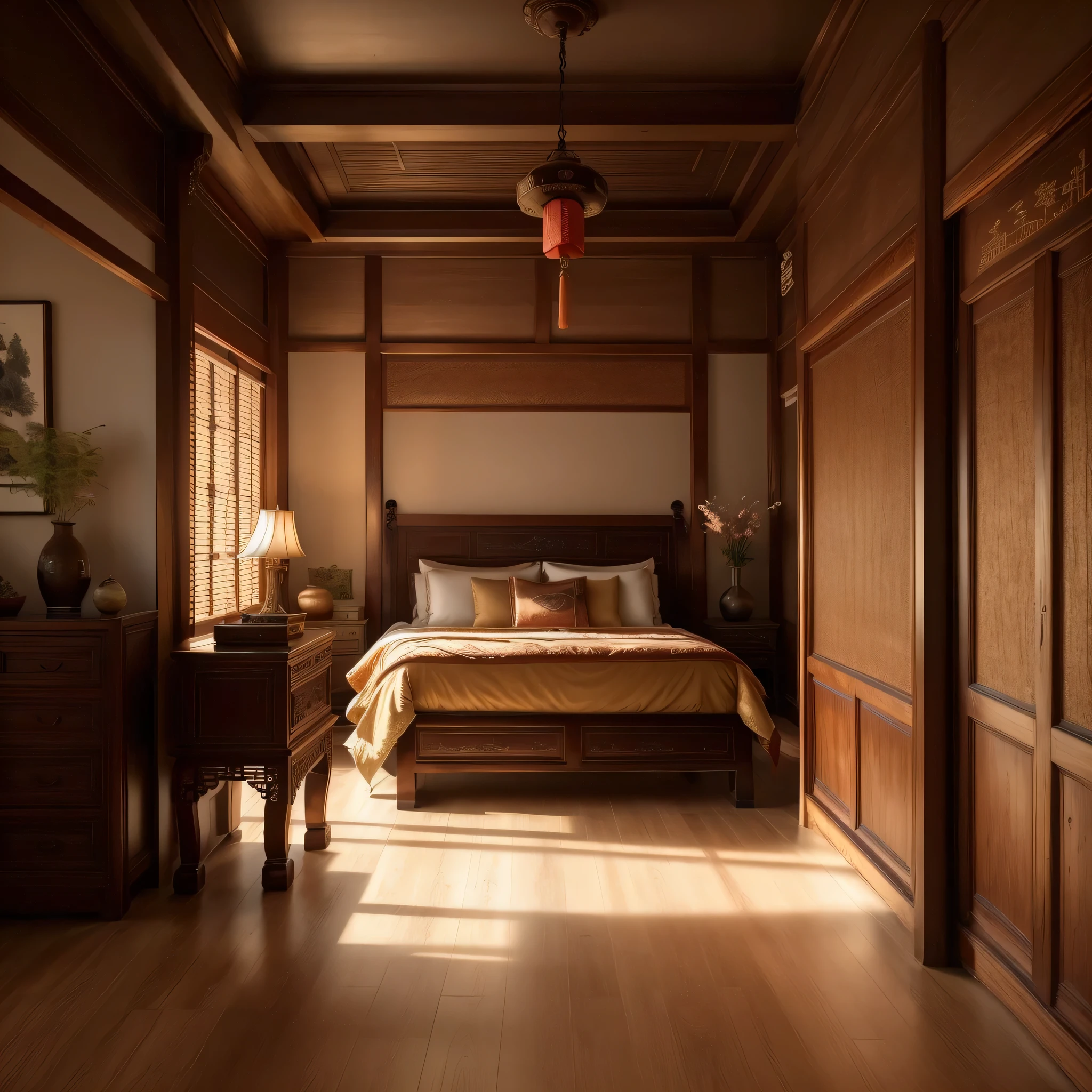 A traditional Chinese bedroom with antique wooden furniture, delicate carvings, and soft lighting, featuring ancient-style doors and elegant window coverings, ornate zither quietly placed in the corner, ink paintings hanging on the wall, exquisite jade carvings by the window, fragrant aroma diffusing throughout the room, displaying elegant calligraphy and antique artifacts, exuding a rich cultural atmosphere. (best quality,4k,8k,highres,masterpiece:1.2),ultra-detailed,(realistic,photorealistic,photo-realistic:1.37),traditional Chinese landscape,antique artistry,subtle and warm color palette,soft and natural lighting.