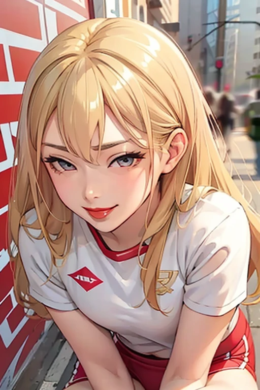1girl,  (masterpiece, detailed background, best quality), long and shiny hair, blonde hair, sportswear, smirk, juicy lips, bitch juice, red lips, perfect eyes,