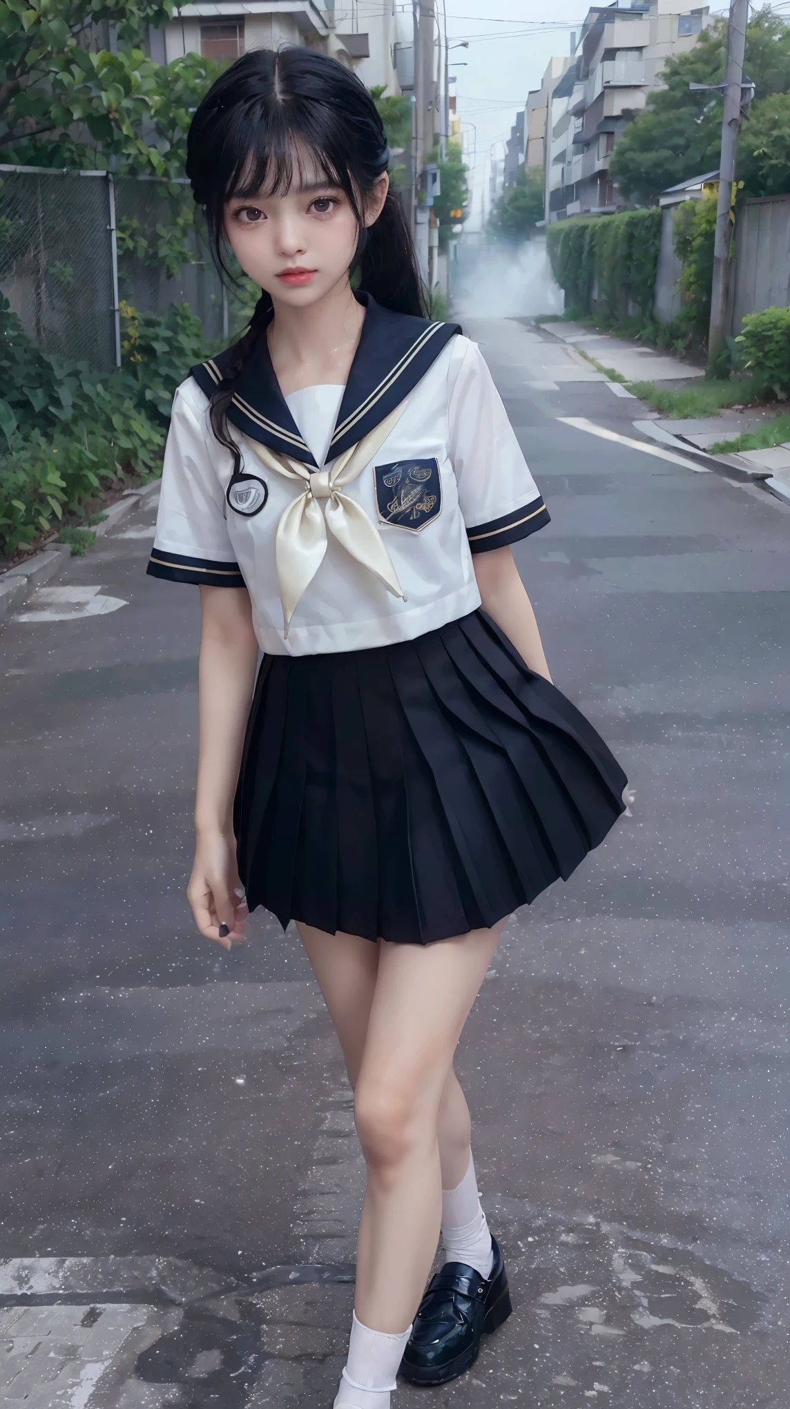 masterpiece, highest quality, realistic, RAW photo, Digital single-lens reflex camera, ((1 person)), Beautiful Japan girl at 18 years old, shiny fair skin, Realistic beautiful make-up face, realistic and beautiful eyes, double eyelid, (((anxiety, frightened eyes:1.3, fear, nervous:1, tears, cry:1.4, afraid))), The most detailed shiny black hair and bangs, ((ponytail hair)), slim body shape, slim face, slim waist, medium breasts, (((Japanese student light navy sailor suit:1.5, summer clothes:1.3, gold skirf, navy pleated mini skirt:1.2, black sox:1.2, brown loafer shoes:1.2, white panty:1.2))), (((walking:1.3))), Leaving school, (((A path in a lonely residential area, dark path))), ((foggy)), realistic shadow, Depth of bounds written, The best delicate and beautiful photos, ultra high resolution, 8K UHD Wallpapers, (((from below:1))), nsfw, upper half body