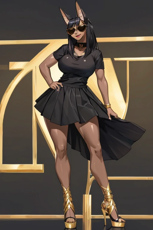 female, jackal, anthropomorphic, big breasts, big ass, black hair, (((1girl))), (((gold trimmed black shirt))), (black long skirt with slit), (gold heels), full body, cute and sexy, black skin, long legs, smiling, (narrow frame sunglasses)