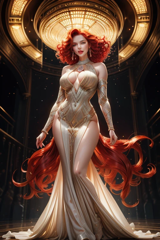 (Top Quality, 16k), Beautiful woman in Art Deco fashion style, Red hair cascading down her back in tight curls, Dancing with an elegant and fluid motion, Gigantic breasts filling out her intricately designed, form-fitting dress, Full body shot revealing the curve of her hourglass figure, Her skin glowing with a soft, warm light, Detailed description of the Art Deco patterns adorning her dress, Ultra-realistic rendering of her red hair, Beaded and sequined accents sparkling in the light, Reflective surfaces of her environment creating a mesmerizing effect, Her expression full of joy and expression, Cheekbones highlighted by the