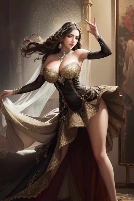 Masterpiece of Art Deco elegance, a beautiful woman with cascading brown locks graces the canvas, catching the essence of a bygone era. Her voluminous skirt swirls around her, casting a mesmerizing trail as she gracefully dances, lost in the rhythm of the music. Her breasts, large and full, are tastefully accentuated by the intricate details of her dress, adding to the allure of this stunning full-body shot. The use of high contrast and rich colors in the painting brings out every detail, highlighting the woman's captivating beauty in the finest of details.