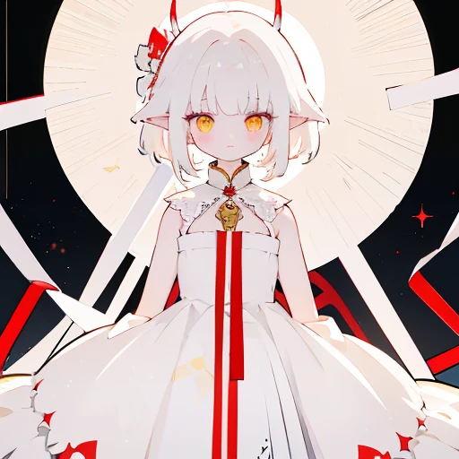 female, short white hair, but long side hair, looks like an albino, yellow eyes, has horns, white dress, several red ribbons decorate the dress, there is a bell on the neck, elf ears