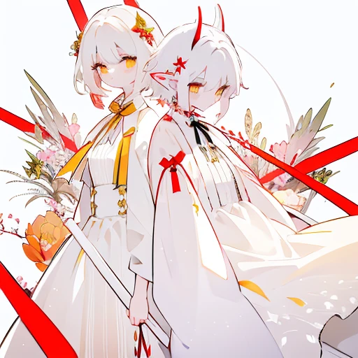 female, short white hair, but long side hair, looks like an albino, yellow eyes, has horns, white dress, several red ribbons decorate the dress, there is a bell on the neck, elf ears