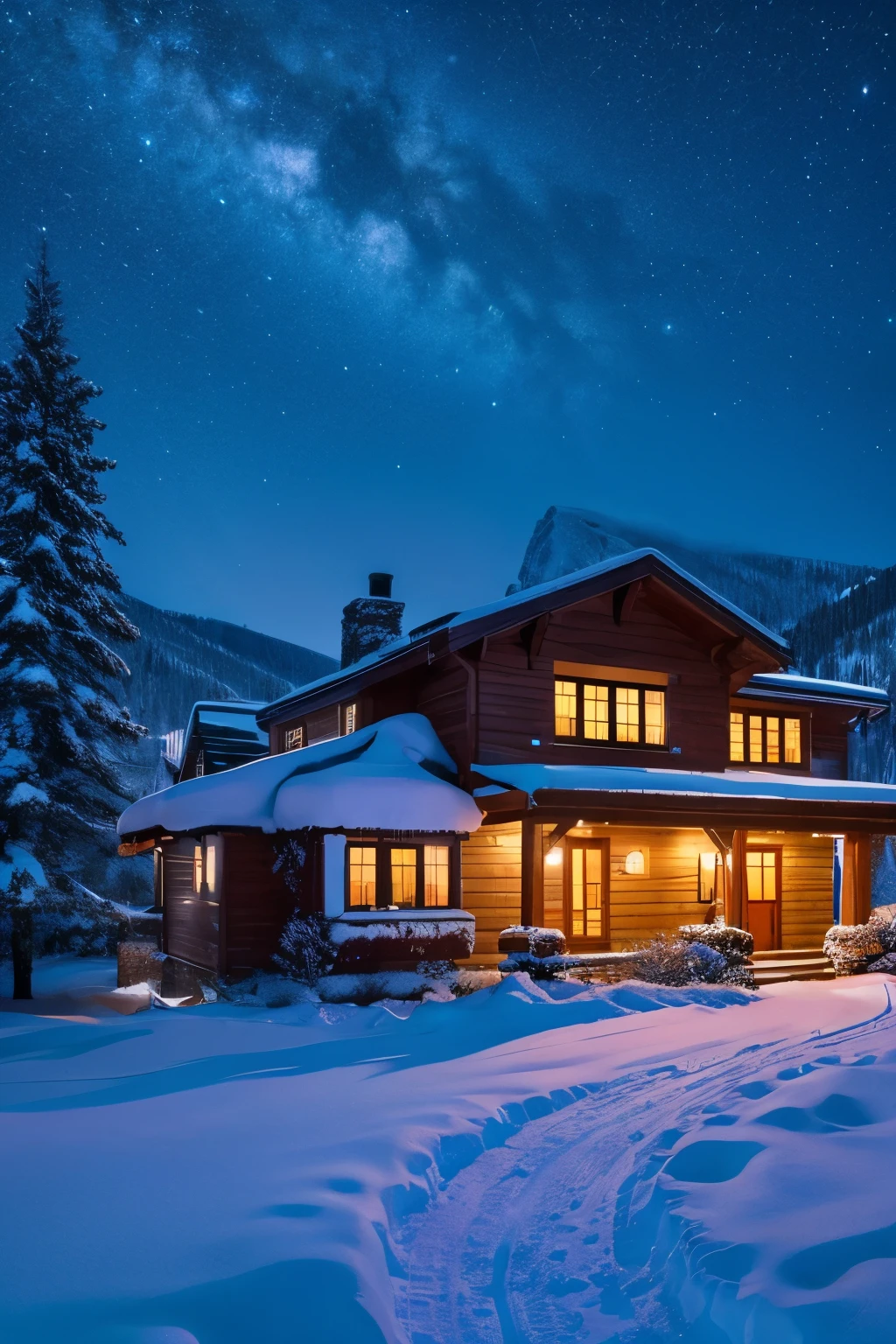 Beautiful house in the snowy mountains, night
