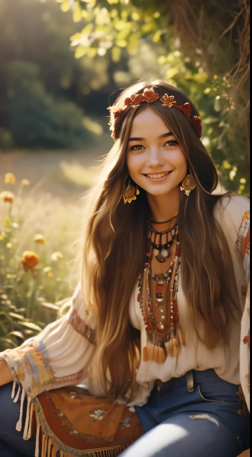 Foto hiperrealista en primer plano de Willa Fitzgerald, dressed in red peasant blouse paired with bell-bottom jeans and fringe accessories. She wears a headband or flower crown in her long, flowing hair. The setting is a bohemian-inspired outdoor music festival or a peaceful nature backdrop, capturing the free-spirited and laid-back vibe of the era 60Retro69Punch75, beautiful woman, skinny, small breasts, straight brown hair, detailed face, smile, photo taken from a distance, age 20 tears old