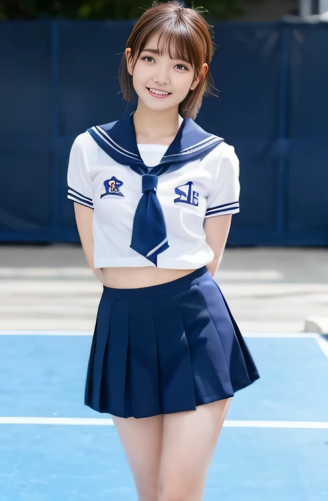 The girl standing in the schoolyard、Just wearing a sailor suit and shirt、Lack of skirt、Bikini Panties、Stretch your back、22 years old、bangs、Smile a little、thighs、short hair、downward、(turn your body towards the viewer、look at the audience)、 not_NSFW

