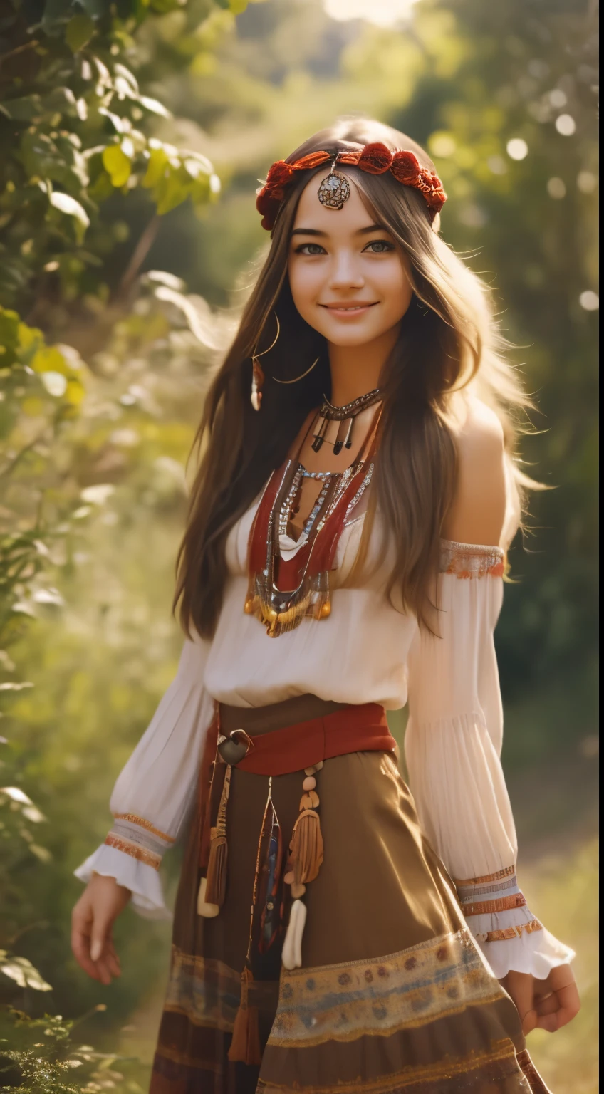 Foto hiperrealista en primer plano de Willa Fitzgerald, dressed in red peasant blouse paired with red long skirt and fringe accessories. She wears a headband or flower crown in her long, flowing hair. The setting is a bohemian-inspired outdoor music festival or a peaceful nature backdrop, capturing the free-spirited and laid-back vibe of the era 60Retro69Punch75, , beautiful woman, skinny, small breasts, straight brown hair, detailed face, smile, photo taken from a distance, age 20 tears old