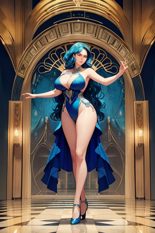 Beautiful woman in Art Deco fashion style, blue hair cascading in waves, dances with grace and elegance, her gigantic breasts accentuated by the intricate lines and curves of her decorative dress, in a full body shot. The scene is bathed in soft, sepia-toned lighting, adding to the vintage and timeless feel of the artwork.
(Masterpiece, Best Quality, Highres:1.4), (Art Deco:1.4), Blue hair:1.4),
Full Body Shot:1.4), Dancing:1.2), Graceful:1.2), Elegant:1.2),
Intricate Lines:1.