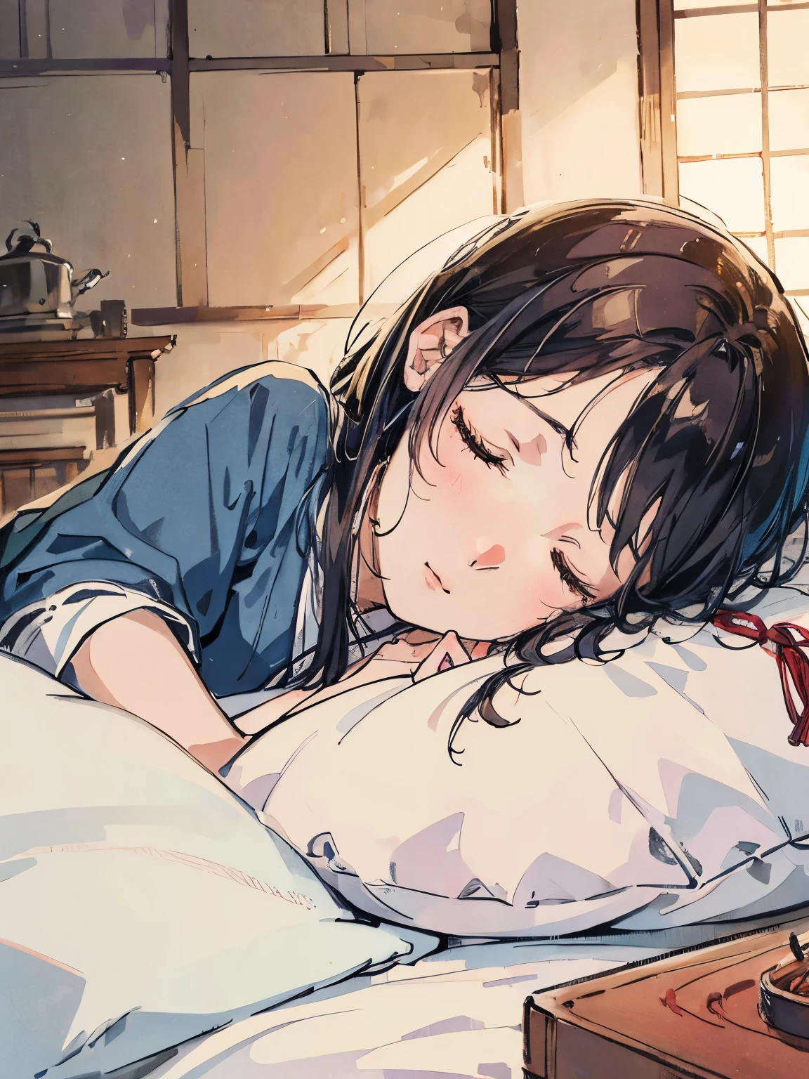 girl sleeping on a white futon、room with stove、Japanese style room、Face close-up