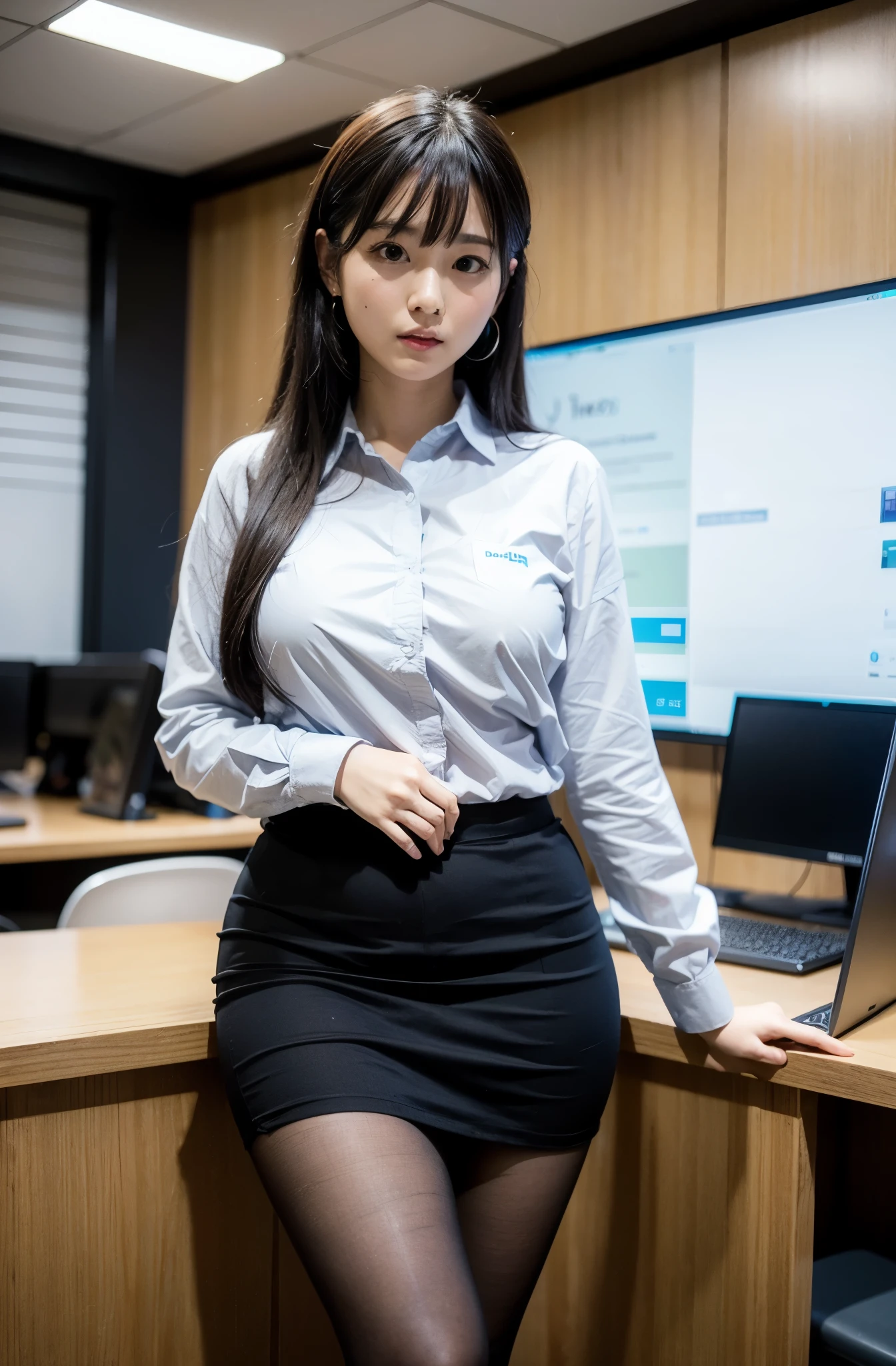((Best Quality, 8k, Masterpiecedetails, ultra-high resolution)), (looking at the viewer), (full shot:), attractive business 3 sexy girl, 20 years old, 3 people, big breasts, a bit chubby:0.25, white open collared shirt, grey mini skirt, (sitting with cross legs on office desks)), smile, office of CEO,