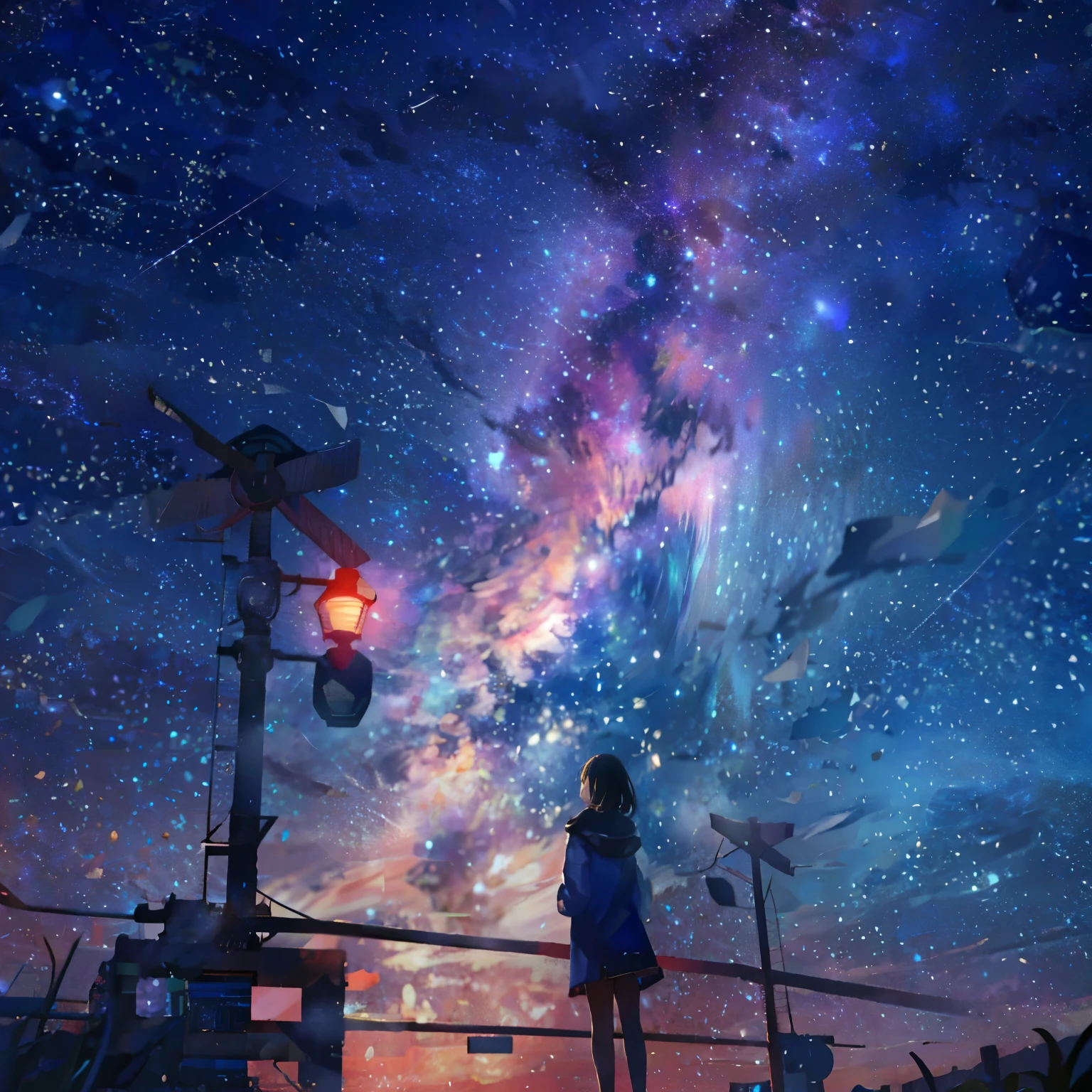 starry sky with a girl looking at the stars, tranquility of the endless stars, girl stares into space, starry sky8k, 満天のstarry skyと, A background that looks like a galaxy, 空はstarry sky, Seeing off the universe, starry sky, starry skyと夜の時間, awesome wallpaper, infinite universe in the background