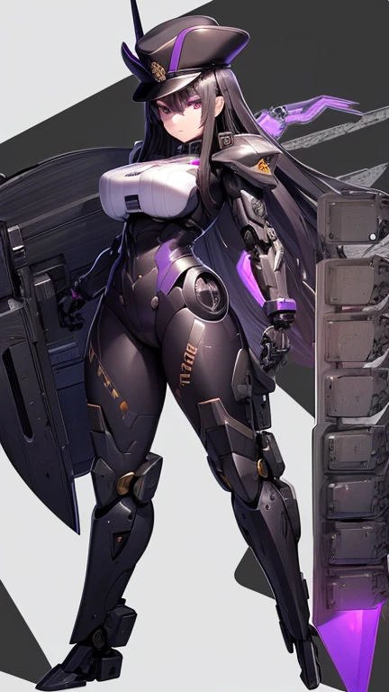 mechanical foot, black and purple eyes, breast, long black hair, Cyborg, mech, full body, mechanical arms, (detailed hands and fingers), military hat