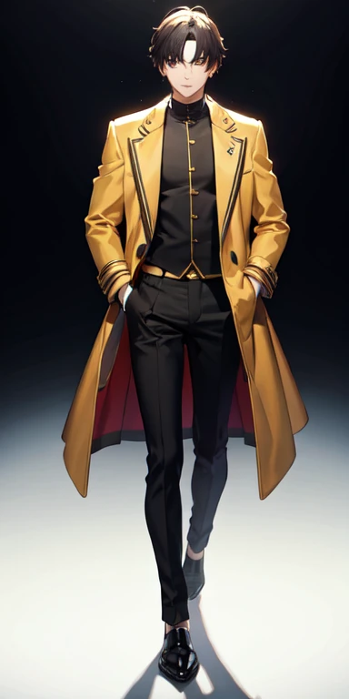 ((best quality)), ((masterpiece)), (detailed),full body anime picture of a male squad member , gold outfit ,  1 person , coat , squad