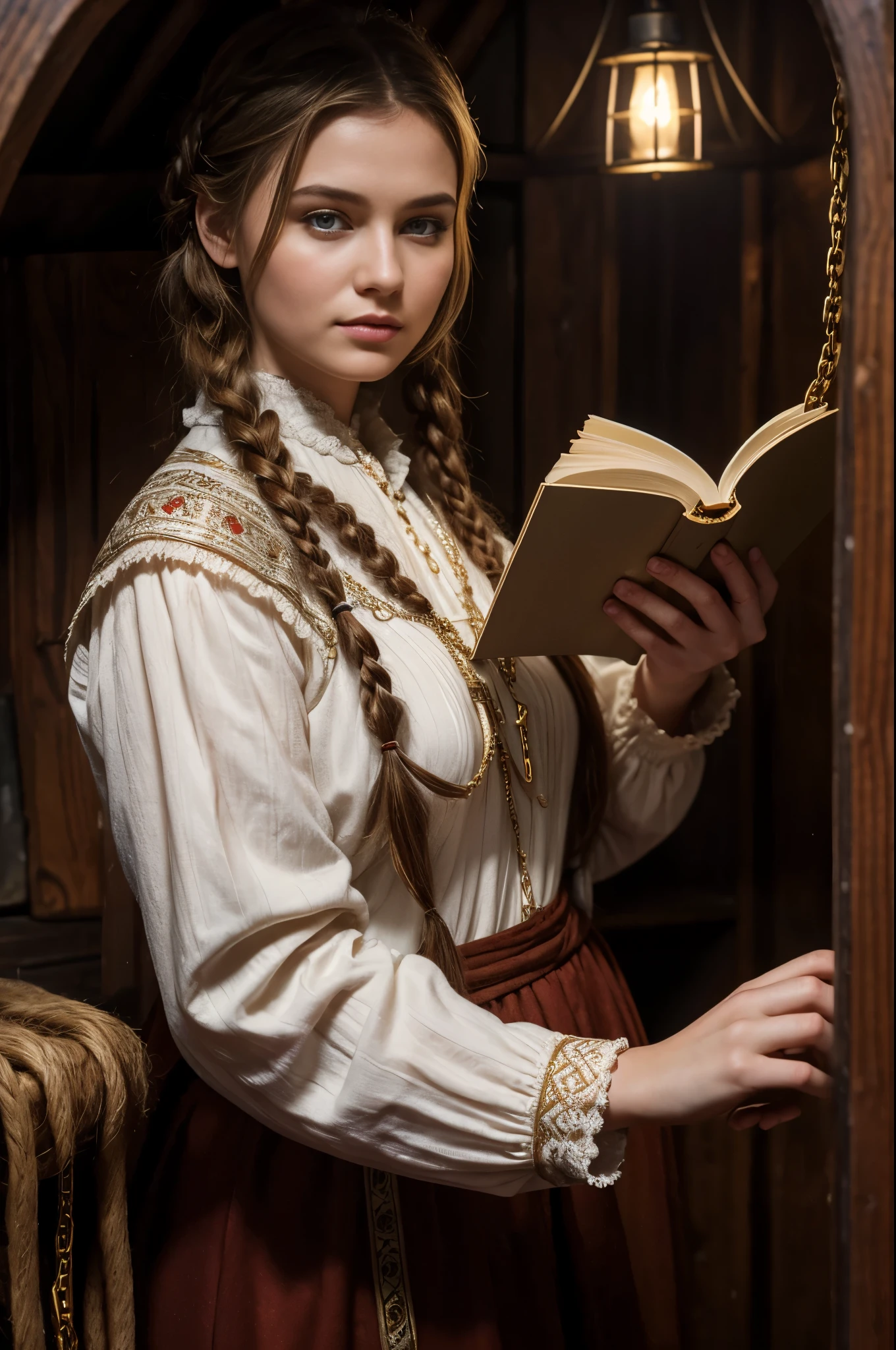 a white-skinned plump woman in Russian clothes with brown hair in braids with a cross on a chain stands in a dark Russian hut with an open book in her hands, the inscription on the cover of the book glows, the book glows