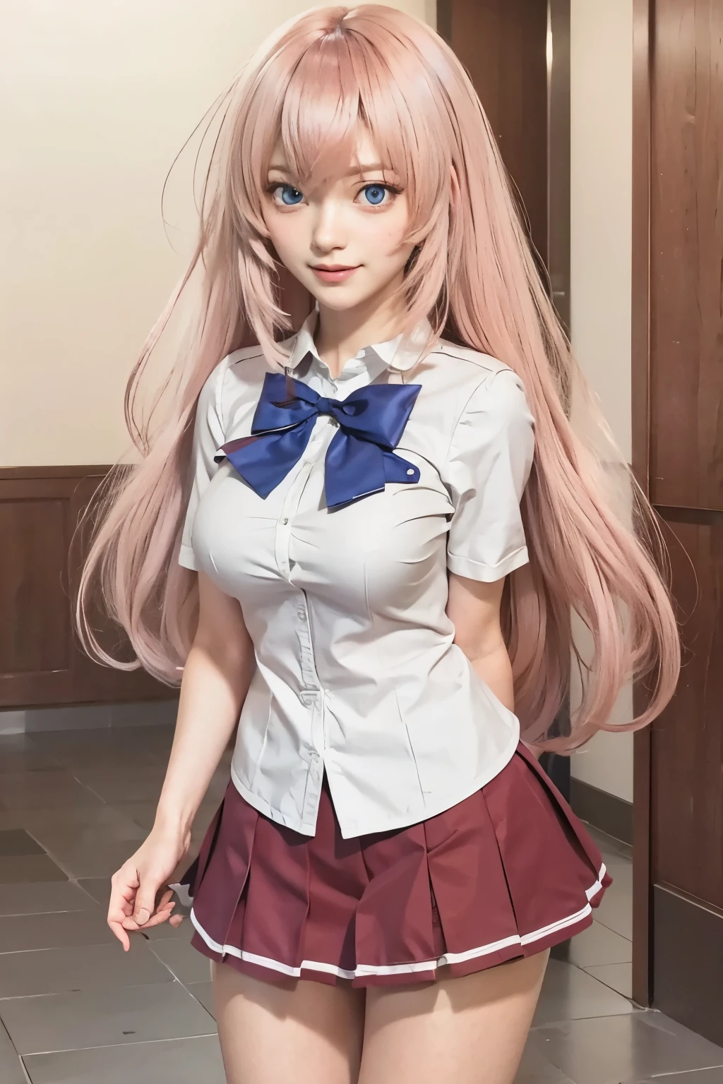 Realistic Picture of Ichinose Honami, Female anime character, classroom of the elite character, High School student, 17 years,standing, have long pink hair, violet blue eyes, smiling mouth, happy face, happy expression, left hand behind his back, wear school uniform, white short shirt, blue bow tie, red skirt with white line, realistic character texture, 3d character figure, ultra detailed face, full body, school corridor background