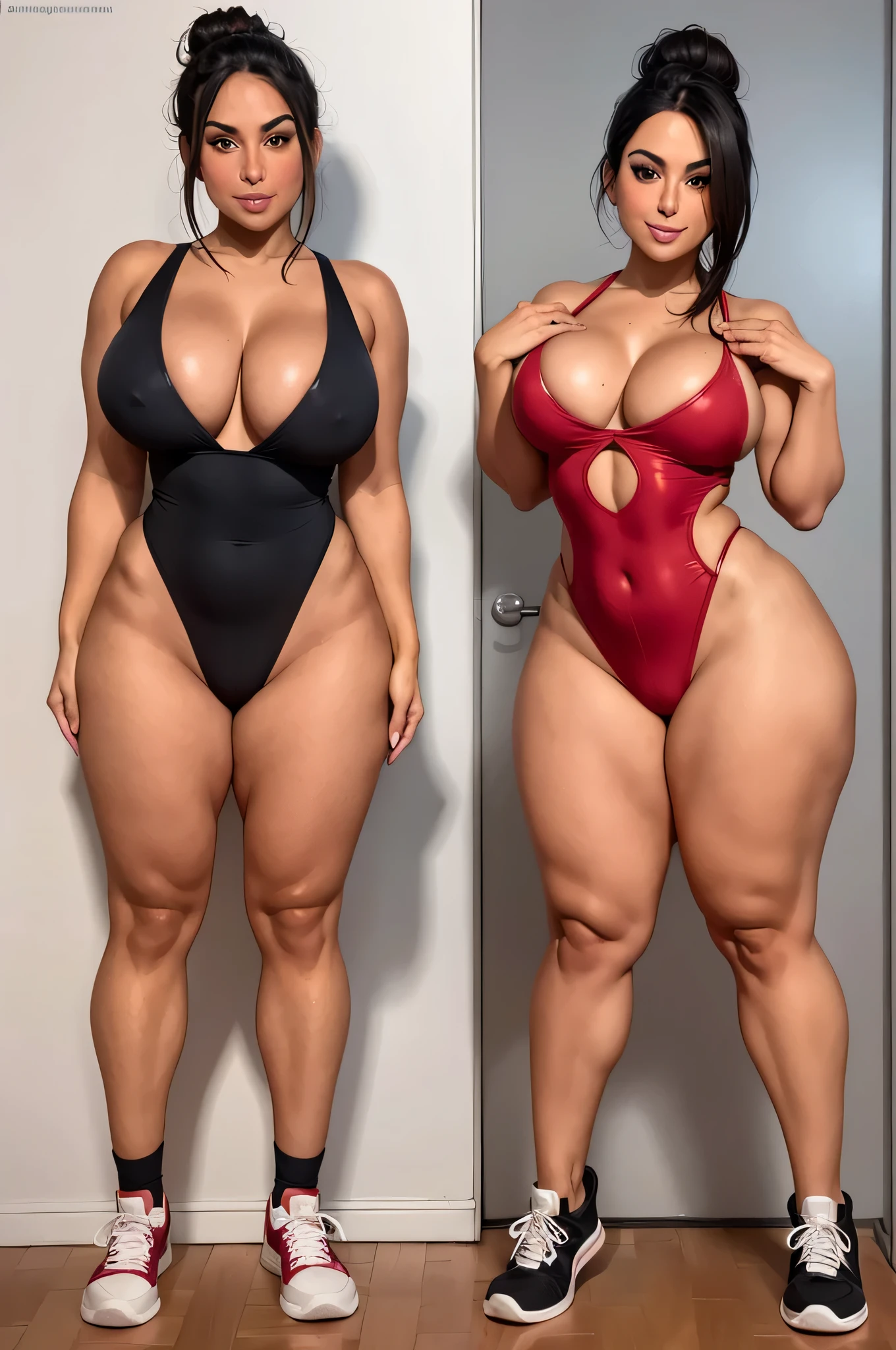 2 tanned thick fit 21 years female, cleavage, muscular, head to toe shot, in sneakers. standing, facing camera, dark hair in a bun, wearing tight sexy hi cut leotard, standing straight, masterpiece, anatomically correct. Full body shot, thick muscular legs, lucy pinder pointing and looking to left