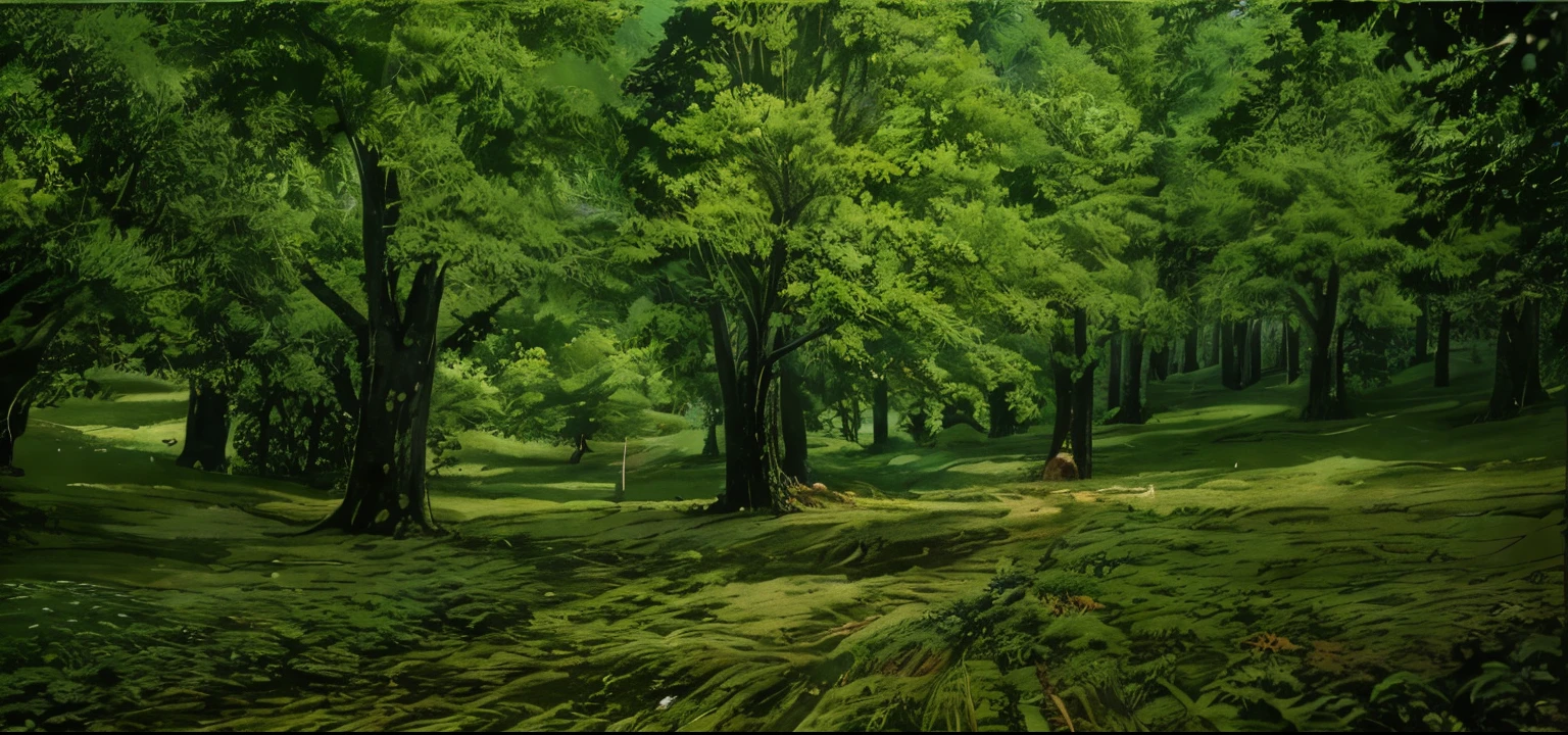 Close-up of a field with trees and grass in the background, Green Cyrodiil Plains, Tranquil elf forest, forest glade landscape, 精灵forest background, Super detailed trees, Ancient wood environment, forest environment, Highly detailed environment, natural trees, forest background, wooded environment, ancient forest like fanar forest, ancient elf wood, many trees