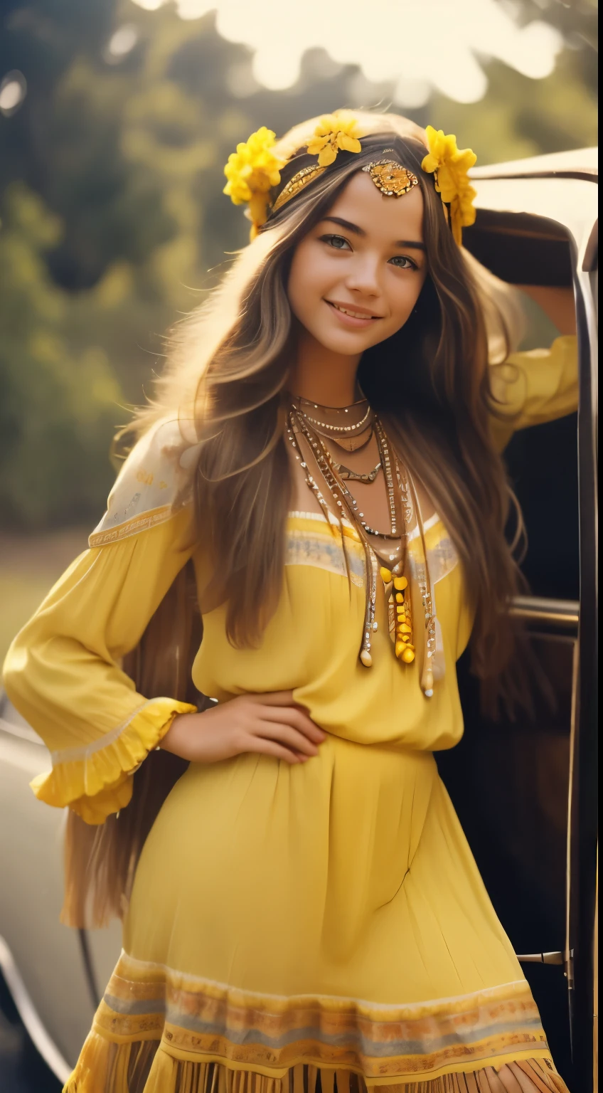 Foto hiperrealista en primer plano de Willa Fitzgerald, dressed in yellow peasant blouse paired with yellow skirt and fringe accessories. She wears a headband or flower crown in her long, flowing hair. The setting is a bohemian-inspired outdoor music festival or a peaceful nature backdrop, capturing the free-spirited and laid-back vibe of the era 60Retro69Punch75, , beautiful woman, skinny, small breasts, straight brown hair, detailed face, smile, photo taken from a distance, age 20 tears old