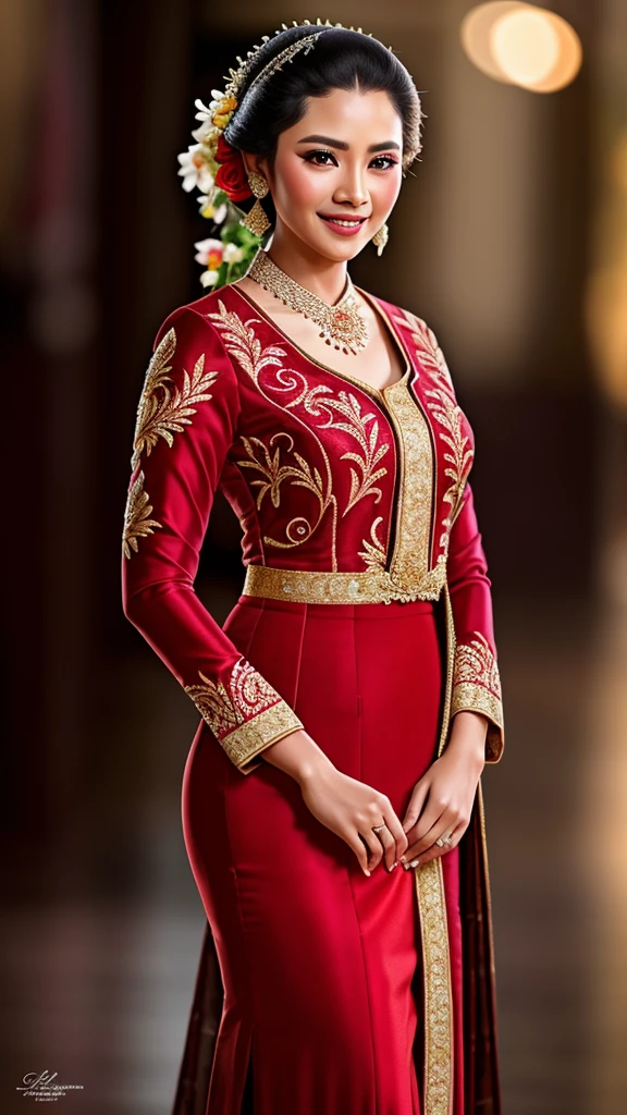 photography, full body of java wedding woman in red long kebaya dress traditional and batik skirt, looking at viewer, jewelry and hair on hair,, long shot , smile, beautiful face, (extremely detailed photo), full body shot photo, high-quality photo, photorealistic, Intricate, High Detail, Sharp focus, dramatic, photorealistic, RAW photo, real person, hyperrealism, masterpiece,, very detailed face and eyes,4k,8k,highly detailed, high Detail, Sharp focus, detailed face,
high-quality photo, (photorealistic:1.5),(hyper realistic:1.5)