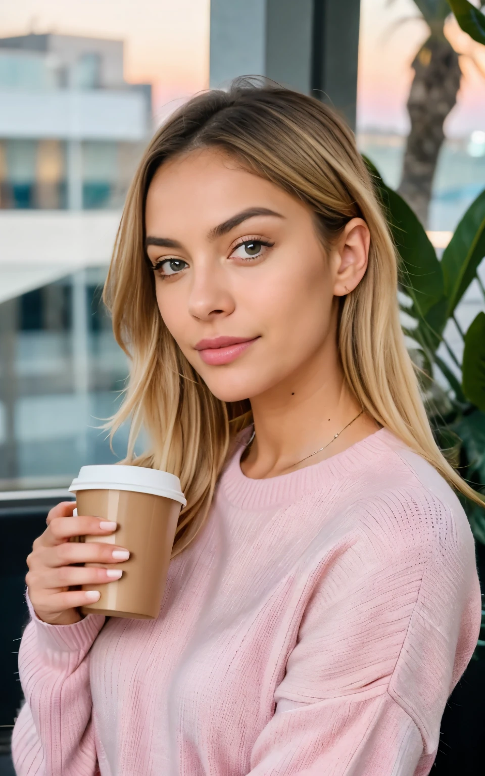 Beautiful blonde in pink sweater (Sipping coffee inside a modern café at sunset), Muy detallado, 21 years, Cara inocente, cabello ondulado natural, ojos azules, high resolution, obra maestra, Mejor calidad, detalles intrincados, muy detallado, Sharp focus, piel detallada, Realista skin textura, textura, ojos detallados, profesional, 4k, sonrisa encantandora, disparado en Canon, 85mm, Poca profundidad de campo, Kodak Vision Color, cuerpo en forma perfecta, extremadamente detallado, Foto_\(Ultra\), photoRealista, Realista, Postprocesamiento, maximum detail, Aspereza, vida real, Ultra Realista, fotorrealismo, Photography, 8k UHD, Photography