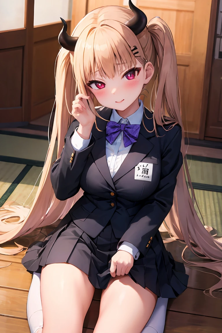 有black色皮革尾巴，Succubus，Japanese high school girl。white school uniform，black短裙，black