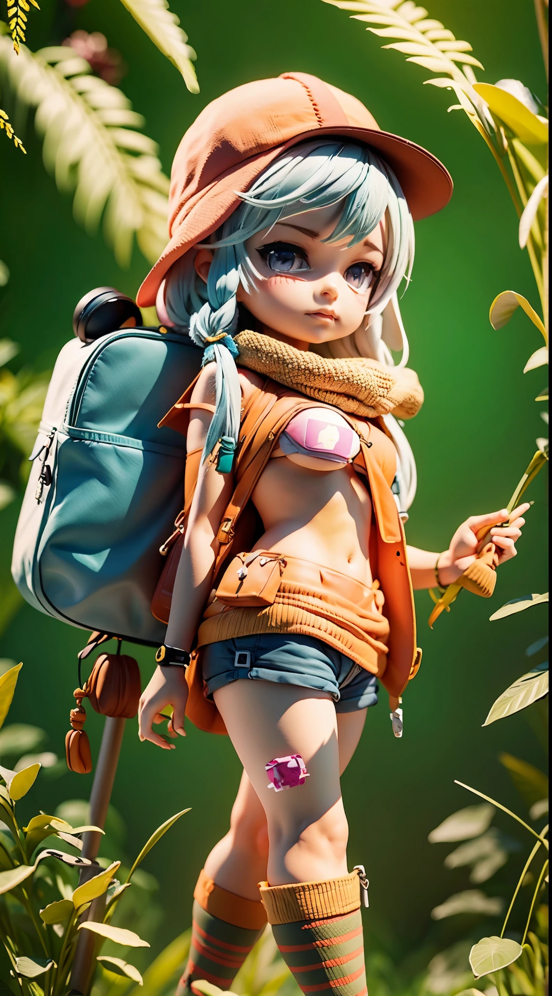 There is a poster with a cartoon character in a hat and backpack, female explorer mini cute girl(25 years old, enormous tits, kinky shorts ), walking in the wilderness, flower jungle, animation style rendering, cute 3 D rendering, small characters. Unreal Engine 5, stylized anime, cute detailed digital art, Atey Ghailan 8 K, stylized 3D rendering, adventure surreal rendering, anime style 3D, 3D rendering stylized