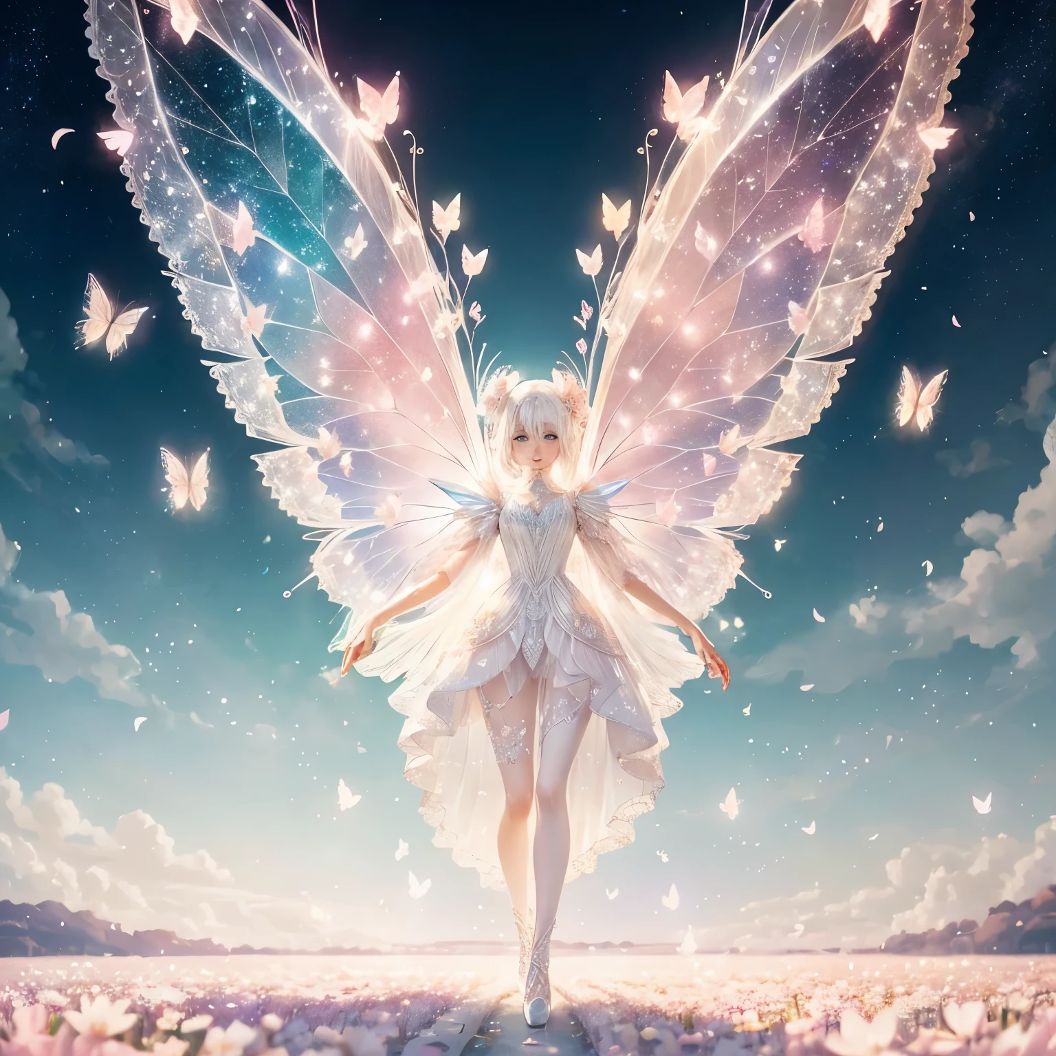 White-haired fairy wearing pink transparent sparkling diamond dress、on the sky，livestock，long legs，Symmetrical wings,magic（（（petals flying all over the ground）））Butterfly（（pastel tones））（best quality））， （（intricate details））， （（Surrealism））（8k）