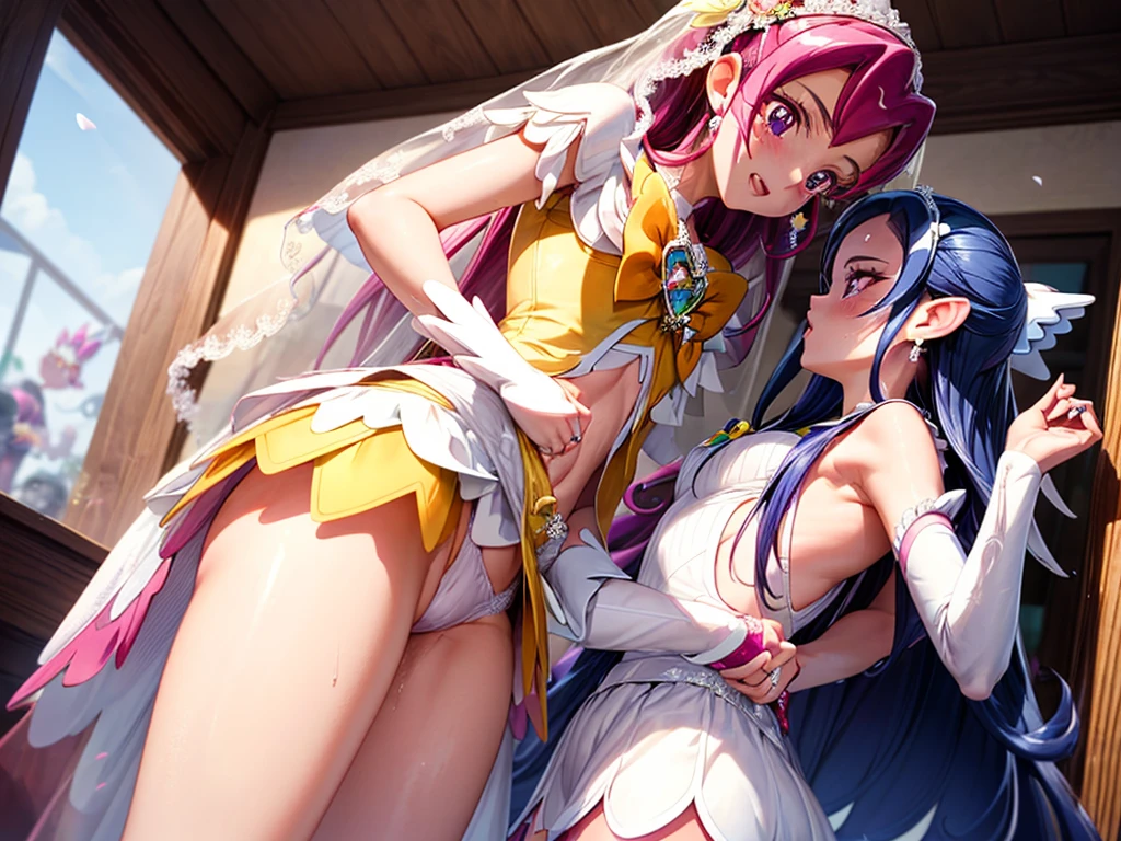 hight resolution, top-quality, ultra-quality, The ultra-detailliert, lighting like a movie、full of sweat、Wearing sweat、(((((sexy precure wedding)))))、、、(My whole body is sweaty、after sex、show off your pussy、not wearing underwear、accurate anatomy、beautiful nipples、touch pussy、angry face、blush、)、Obscene atmosphere、Front Camera Angle