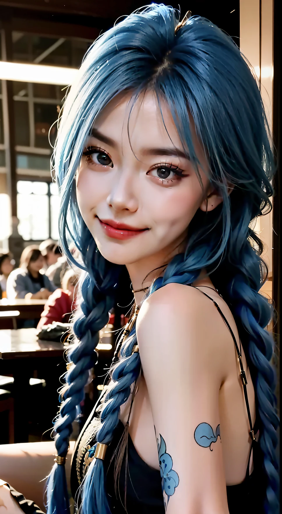 beatutiful face， sensual poses， at the club， 1girls，Smile with， 最好的质量， nmasterpiece，hair ornament， mitts，patte，blue hairs