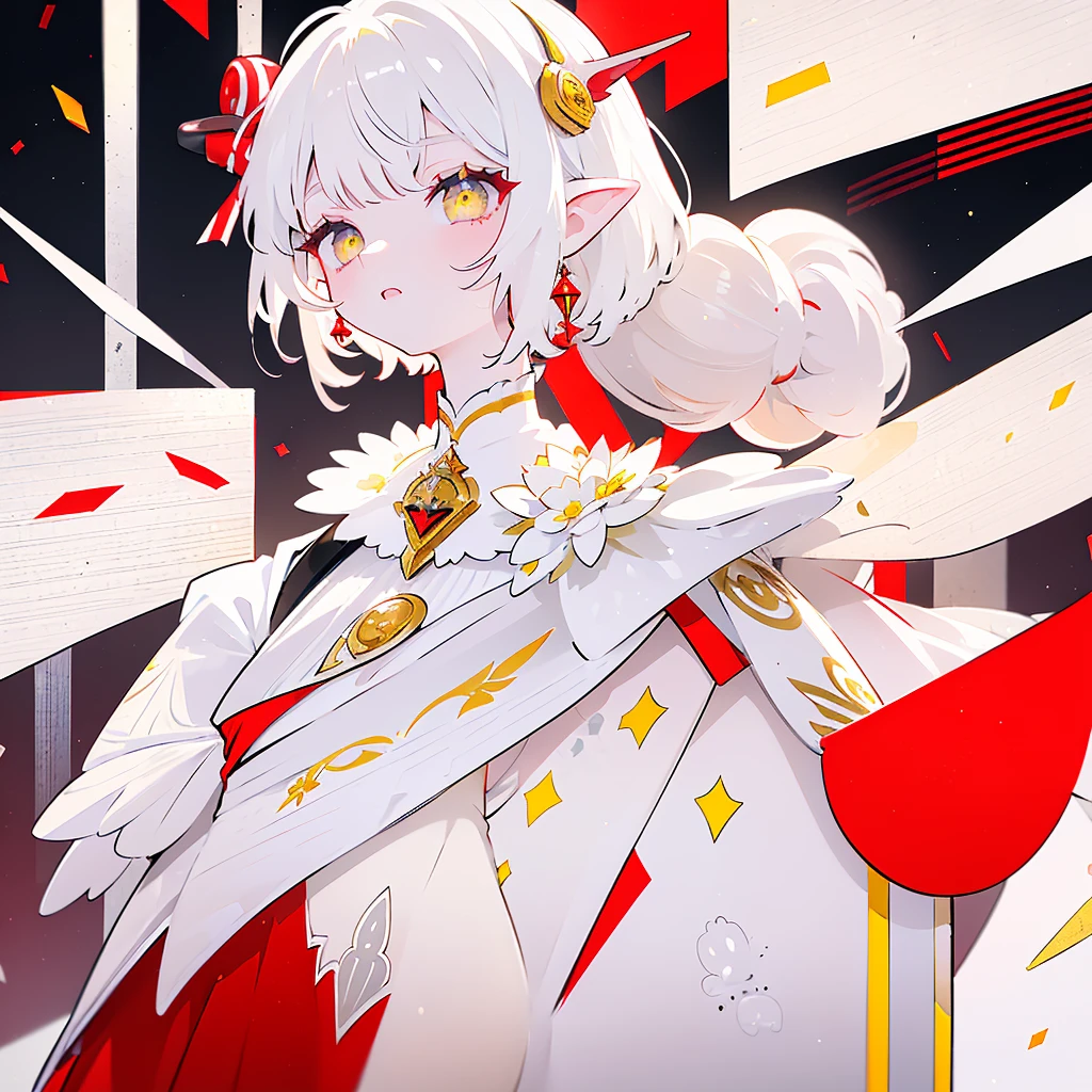 female, short white hair, but long side hair, looks like an albino, yellow eyes, has horns, white dress, several red ribbons decorate the dress, there is a bell on the neck, elf ears, red horns, solo, one person