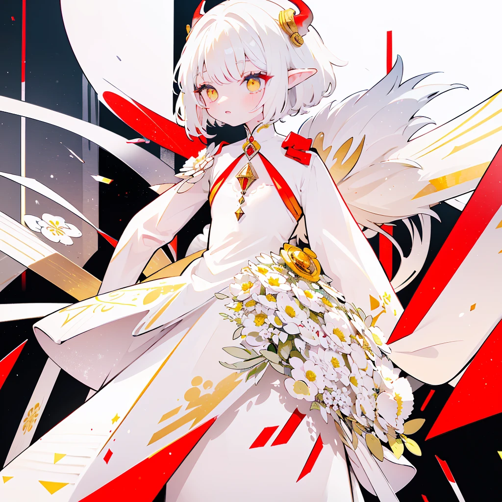 female, short white hair, but long side hair, looks like an albino, yellow eyes, has horns, white dress, several red ribbons decorate the dress, there is a bell on the neck, elf ears, red horns, solo, one person