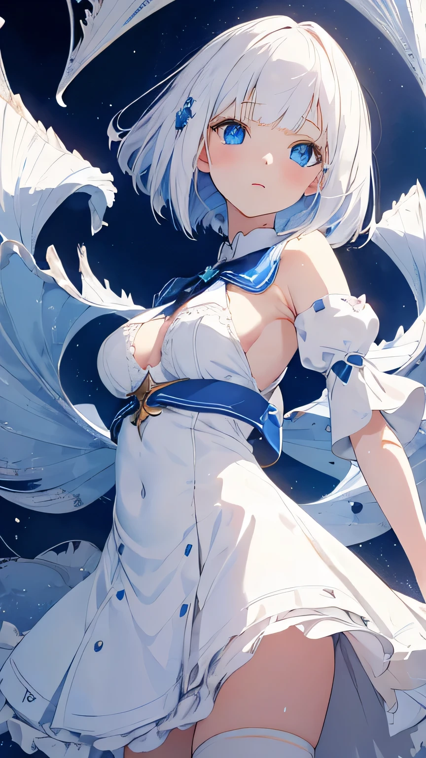 beautiful illustrations, highest quality, pretty girl, (conversion sequence), transform magical girl, a bit, white magical girl, fractal art, albino, baby face, Pure white and blue mesh bob hair, Beautiful and detailed blue eyes, cinematic lighting, cowboy shot, looking at the viewer, from below, big breasts
