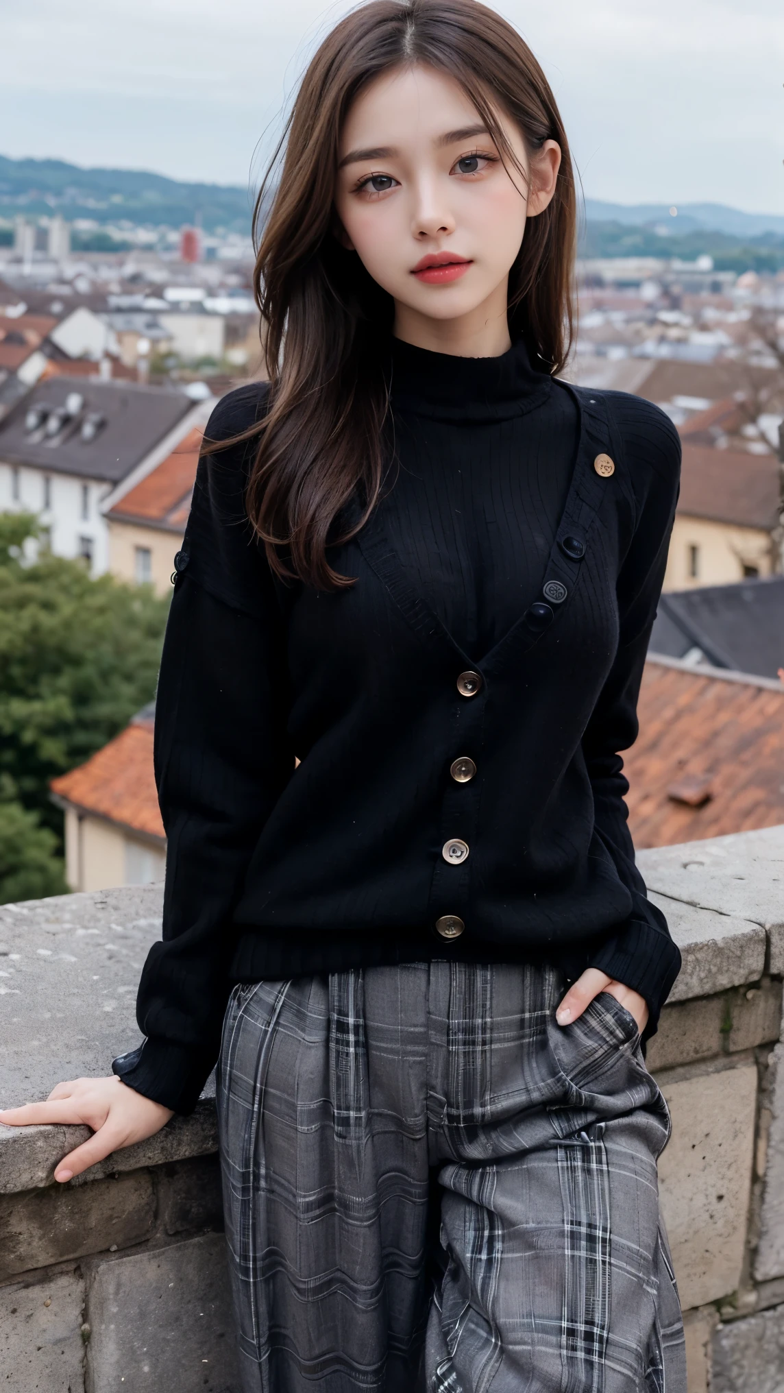 rolua,, , 1girl, ahoge, bangs, black skirt, black sweater, blue nails, blurry, blurry background, breasts, brown eyes, brown hair, brown jacket, closed mouth, dated, day, depth of field, earrings, eyelashes, hand up, head tilt, jacket, jewelry, long hair, long sleeves, looking at viewer, medium breasts, nail polish, open clothes, open jacket, outdoors, puckered lips, shirt tucked in, sidelocks, skirt, sleeves past wrists, solo, sweater, upper body, zipper, , , ((masterpiece)), ,