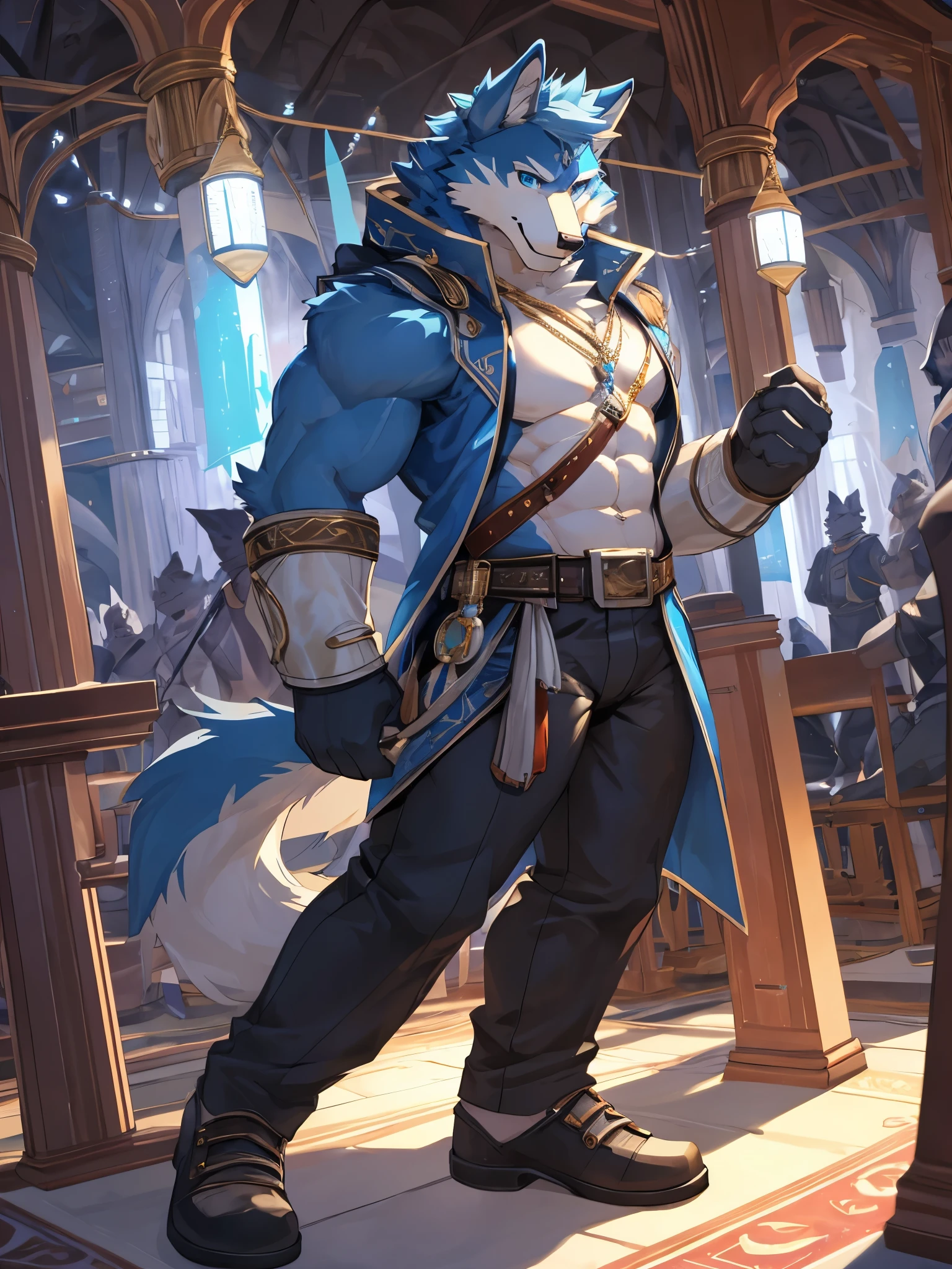 solo,anthro,furry,furry male, Wolf, ((fluffy fur,fluffy,furry body)), (Blue fur, ancient Wolf print), (blue body), Blue mohawk, blue eyes, short messy hair, tail, blue hair, sky blue eyes, detailed fluffy fur, Decorative coat, detailed face, detailed eyes, dark blue slack pants, Gold trimming, white shirt, crest, necklace, blue pendent, detailed chest, detailed abs, slack pants, collared shirt, decorative belt, gold straps, white abs, white muzzle, full body, muscular, fantasy grand hall, (by null-ghost, by racoon21, masterpiece, high quality,hi-res,8k had), standing,close-view portrait, looking at viewer, indoor, lights, happy expression, smile, dark shadows, banners, pose, carpet, ships,