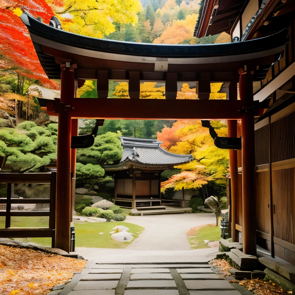 deep in the mountains,wooden,Temple of Japan,autumn leaves,temple bell,Tesuisha,Temple gate