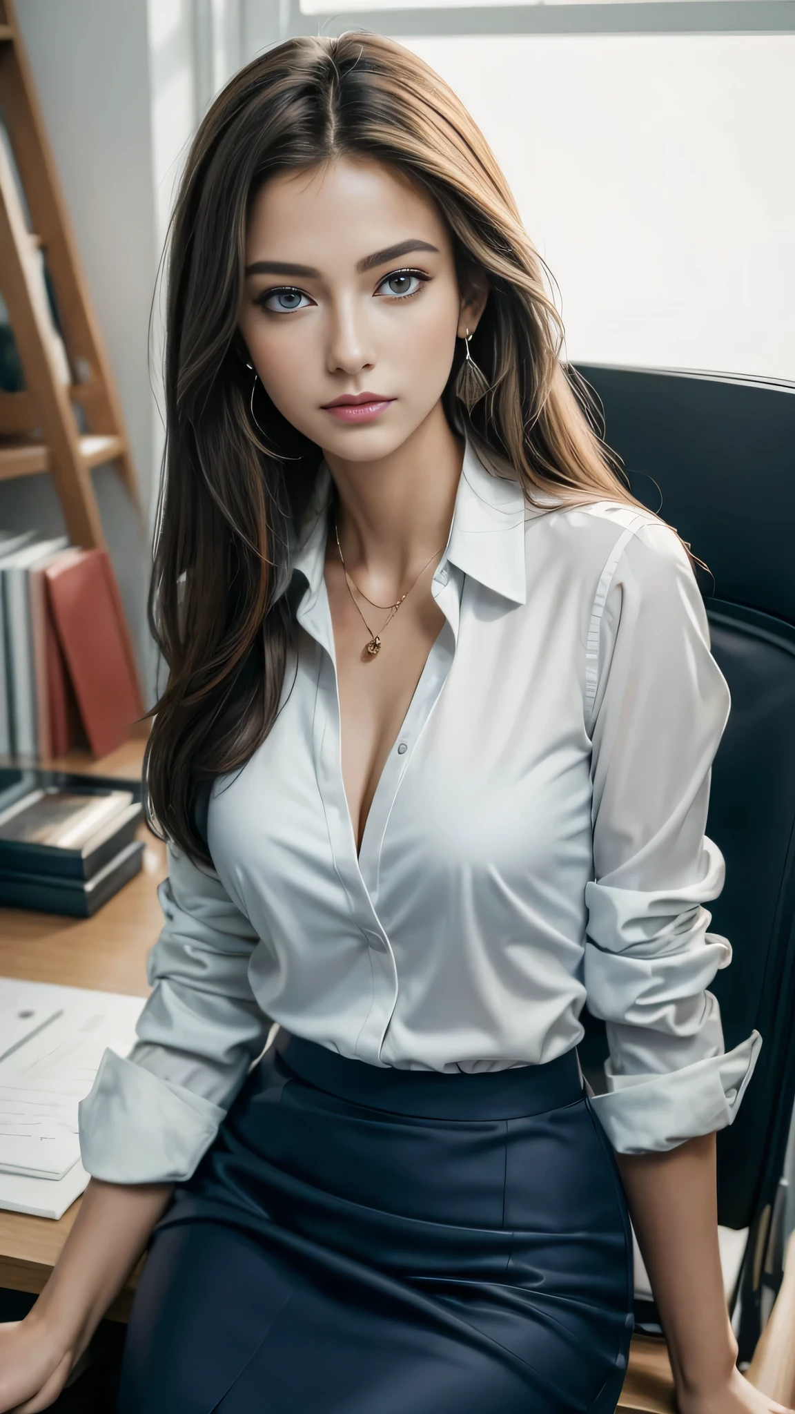 (Masterpiece, best quality, best detail, photorealistic, award winning photography :1.5), A beautiful European female youth, pretty girl, model, ig idol, delicate face, breasts, slim body, beautiful eyes, no make-up, straight hairs. Wearing deep blue blazer, white collar shirt, pencil skirt. Wearing earrings and pendant, smirking, work office, office desk. sharp focus.
