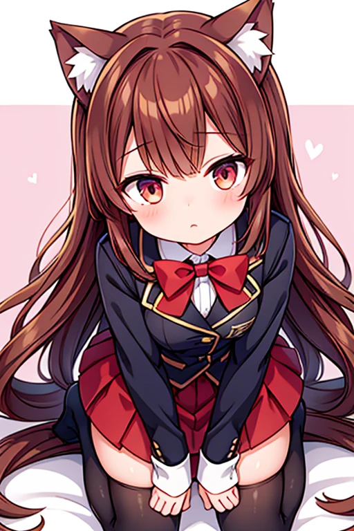 Cat ears,uniform, long hair, reddish-brown hair, mini skirt,tights,penis,1boy,fellatio,kneeling,