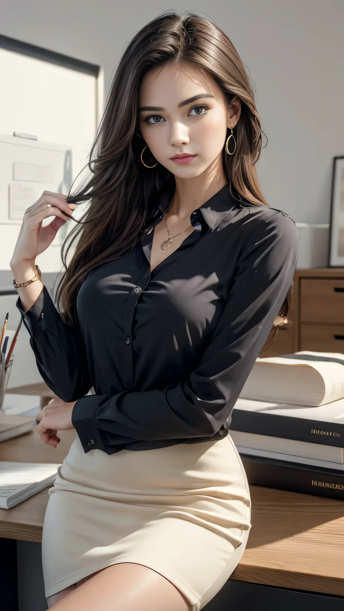 (Masterpiece, best quality, best detail, photorealistic, award winning photography :1.5), A beautiful European female youth, pretty girl, model, ig idol, delicate face, breasts, slim body, beautiful eyes, no make-up, straight hairs. Wearing black long sleeve button shirt, cream pencil skirt. Wearing earrings and pendant, smirking, work office, office desk. sharp focus.