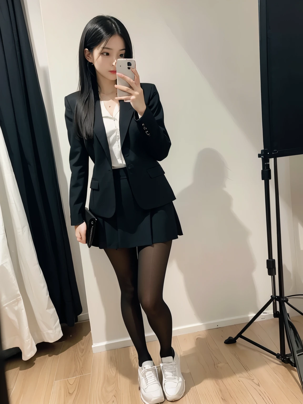 selfie,straight cap,black hair,straight hair,office suit,long skirt,Black Pantyhose,sneakers,Super high quality,masterpiece,super high quality,ultra high resolution,Highest image quality,superlative,highest quality,highest resolution,high quality,beautiful,beautiful,High quality,realな質感,real,8K,Fine-grained,