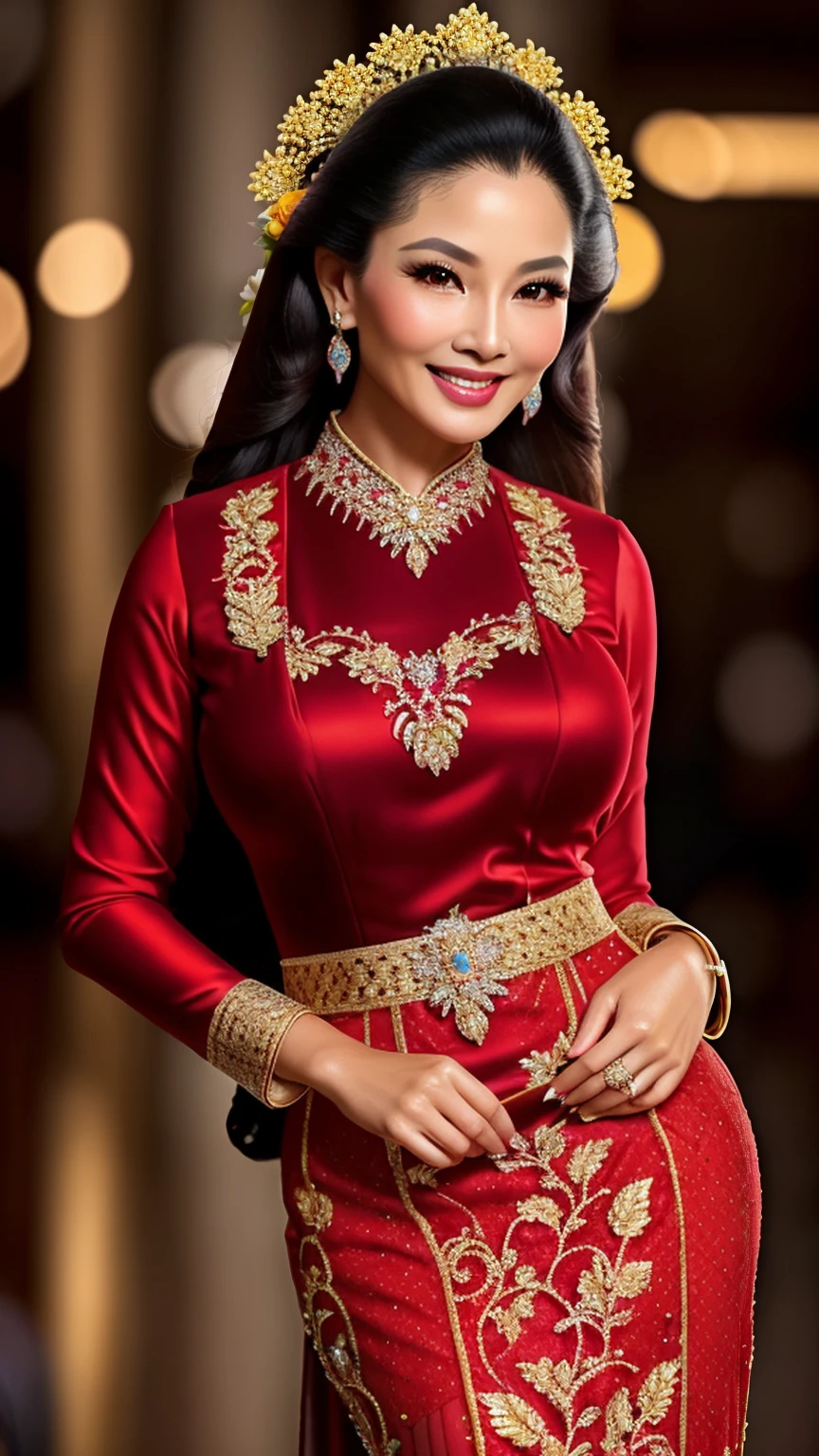 photography, full body of java wedding woman in red long kebaya dress traditional and batik skirt, looking at viewer, jewelry and hair on hair,, long shot , smile, beautiful face, (extremely detailed photo), full body shot photo, high-quality photo, photorealistic, Intricate, High Detail, Sharp focus, dramatic, photorealistic, RAW photo, real person, hyperrealism, masterpiece,, very detailed face and eyes,4k,8k,highly detailed, high Detail, Sharp focus, detailed face,(Full Body),(cute face:1.5),(huge breasts:1.2),high-heels,big hips, medium thighs,
high-quality photo, (photorealistic:1.5),(hyper realistic:1.5)