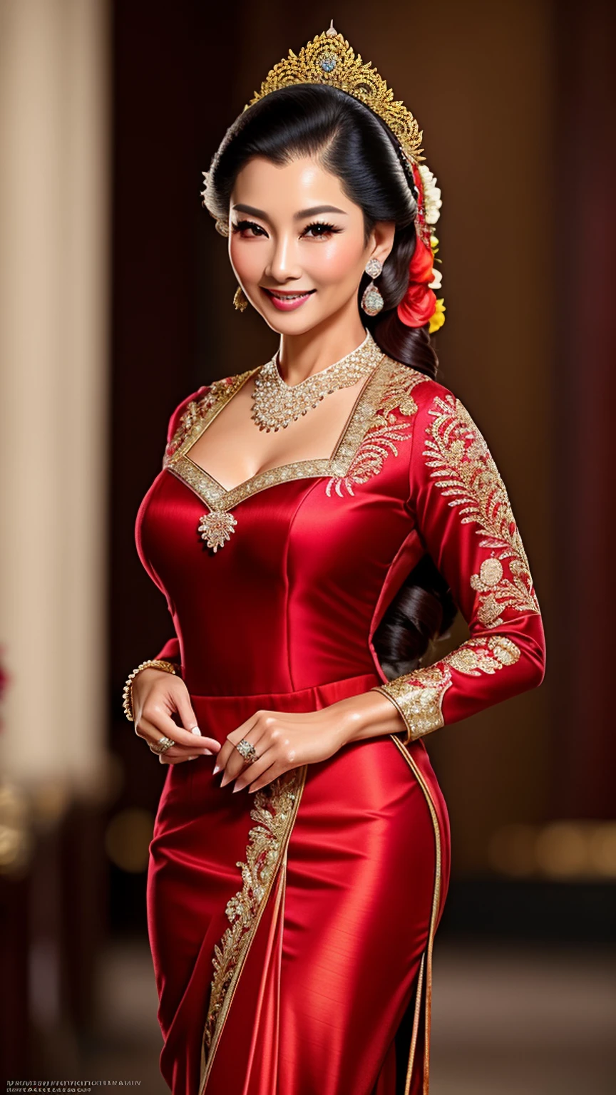 photography, full body of java wedding woman in red long kebaya dress traditional and batik skirt, looking at viewer, jewelry and hair on hair,, long shot , smile, beautiful face, (extremely detailed photo), full body shot photo, high-quality photo, photorealistic, Intricate, High Detail, Sharp focus, dramatic, photorealistic, RAW photo, real person, hyperrealism, masterpiece,, very detailed face and eyes,4k,8k,highly detailed, high Detail, Sharp focus, detailed face,(Full Body),(cute face:1.5),(huge breasts:1.2),high-heels,big hips, medium thighs,
high-quality photo, (photorealistic:1.5),(hyper realistic:1.5)