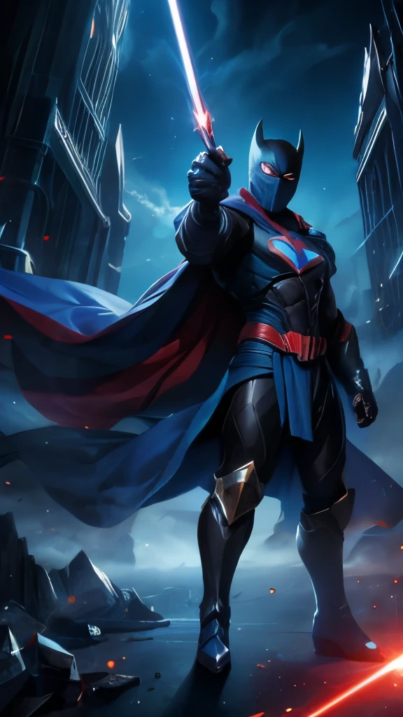 Superheroe, blue cape, flying, clouds, blue laser, high detail, pointing with finger, black boots, full body, eyes mask