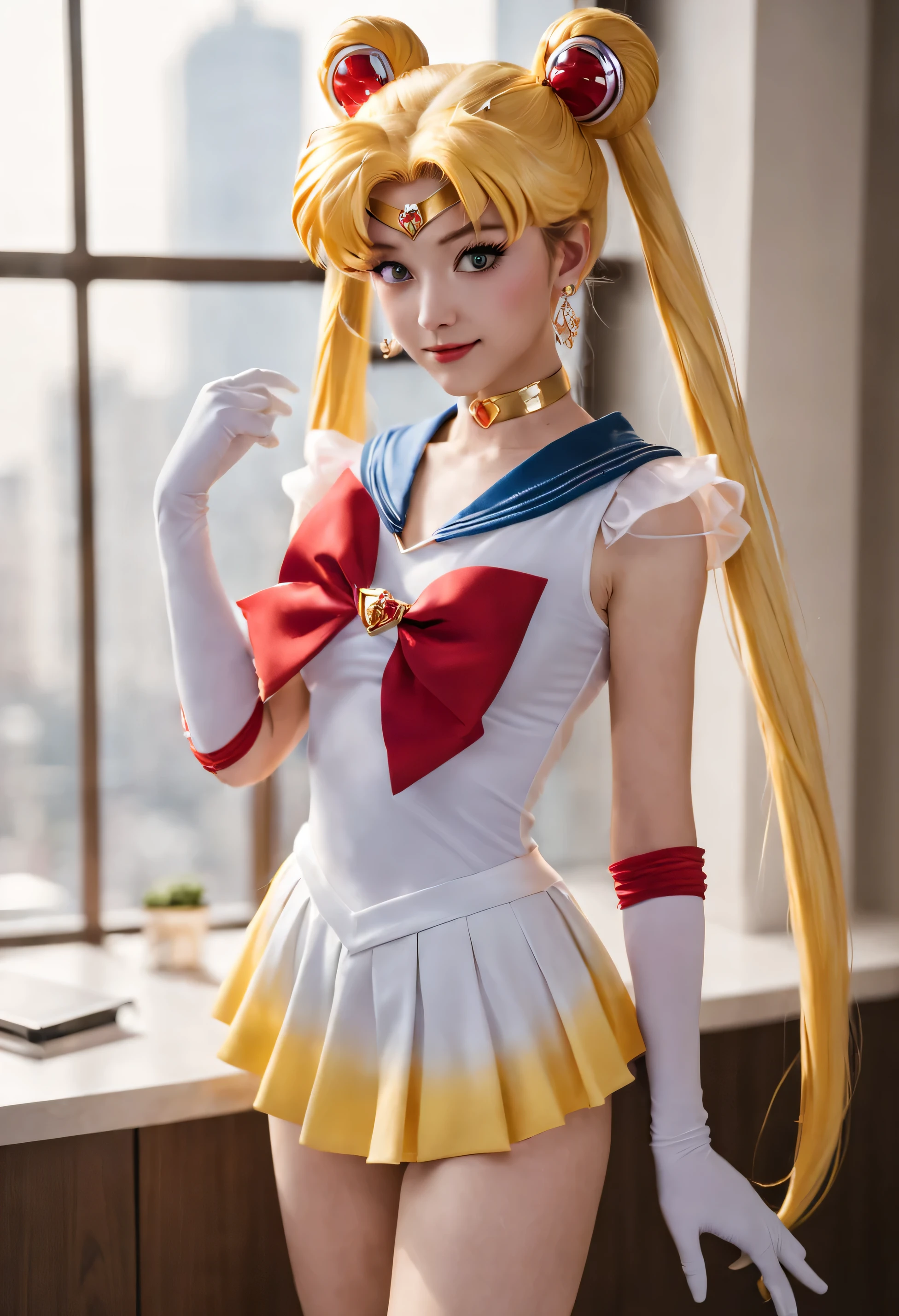 best quality, Super detailed, (1 girl, alone,super sailor moon, twice as good, Double tail, ring, earrings, collar, bow, Gloves, tights, mini skirt, smile fang,  relaxed posture, elbows extended, permanent, ,), in a hotel room