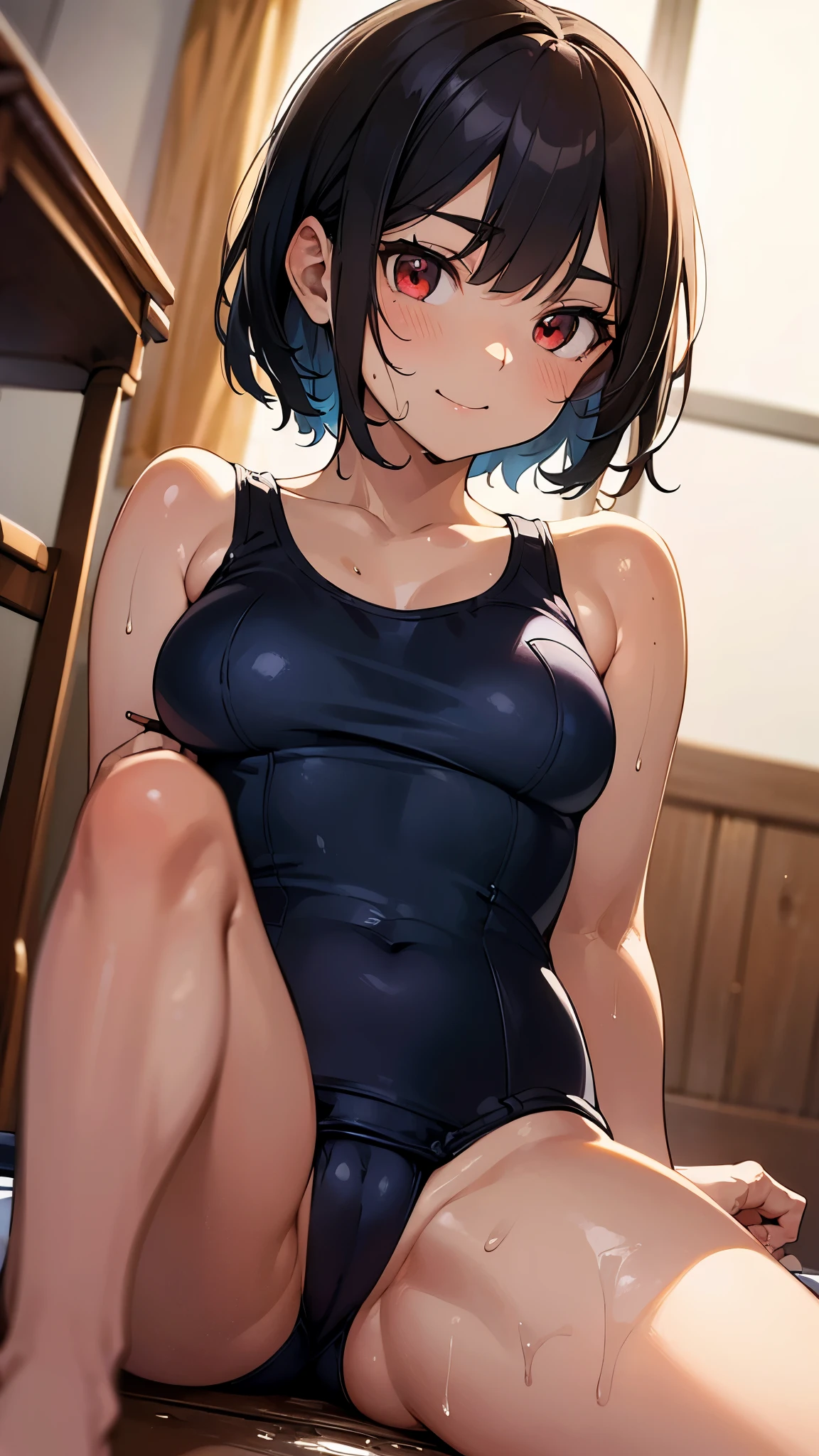 (masterpiece, best quality, high resolution, Ultra-detailed, Illustration, perfect anatomy:1.4), extremely delicate and beautiful, Detailed eyes and skin, detailed facial features, Beautiful face, Highly detailed facial and skin texture, Detailed eyes, 1girl, (school swimsuit:1.4),navy swimsuit, one piece swimsuit, (wet swimsuit:1.3), angry eyebrows, (smile mouth, shut mouth:1.1), black hair, semi-short hair, (small breast:1.3), red eyes, (from below:1.2), camel toe, sit on floor and spread legs, bedroom,