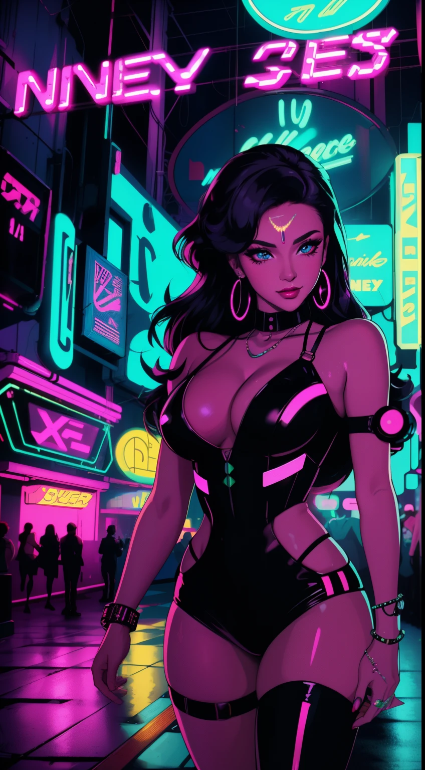 name: Nightclub Retrowave Cyberpunk Description: Create an exciting scene, combining nostalgic retrowave style with a futuristic cyberpunk aesthetic in a vibrant and inviting nightclub setting.  The main attention should be paid to the image of the most beautiful girl, combining vintage and futuristic elements.  The painting should depict a stylish car, surrounded by neon lights and signs, radiating radiance and a sense of nostalgia.  The viewer must be transported into an exciting world, where retrofuturism meets the pulsating energy of a cyberpunk nightclub.  Let the colors be bright, Elegant design and intricate details bring this breathtaking scene to life, immersing viewers in an atmosphere of enchantment and excitement.